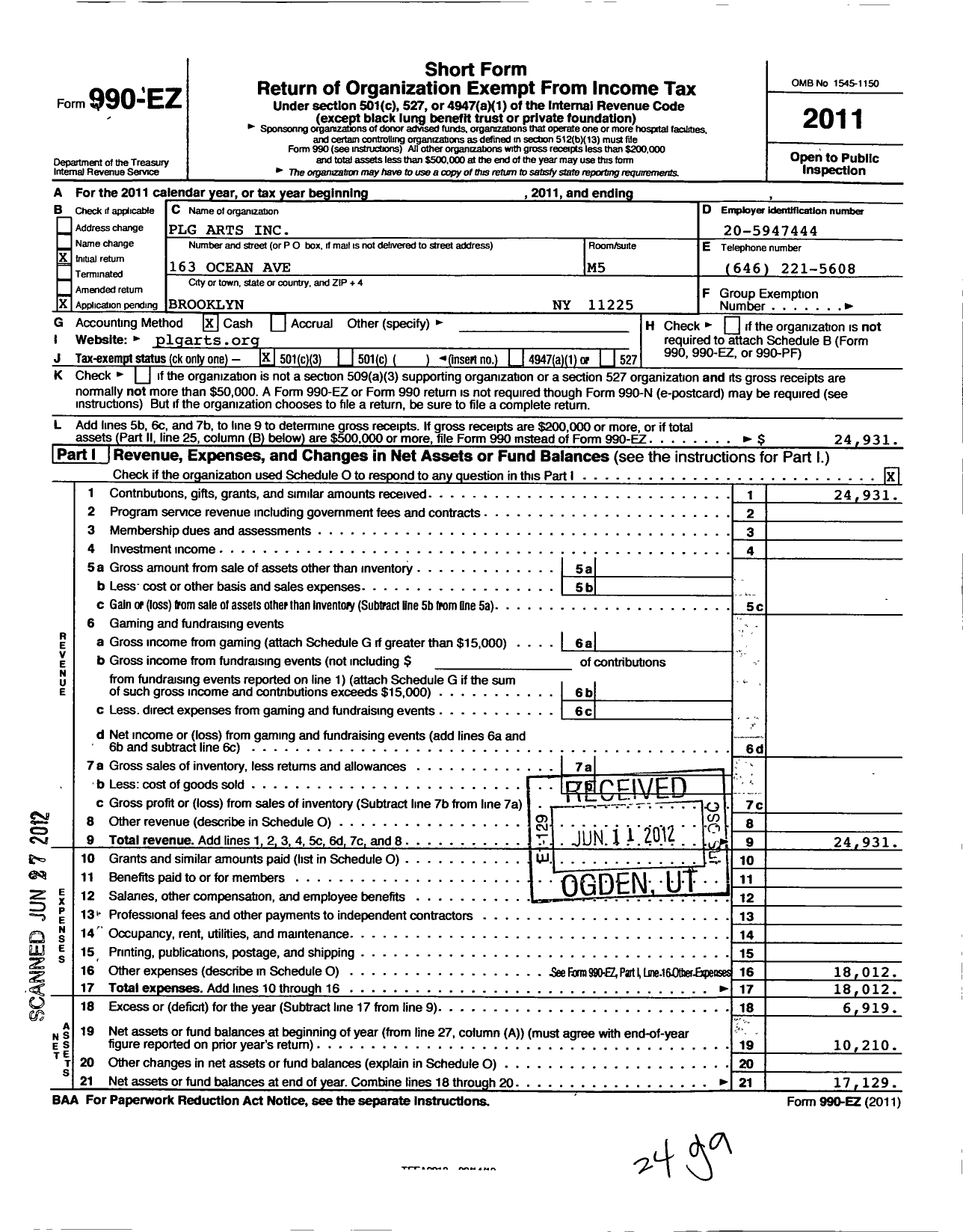 Image of first page of 2011 Form 990EZ for PLG Arts