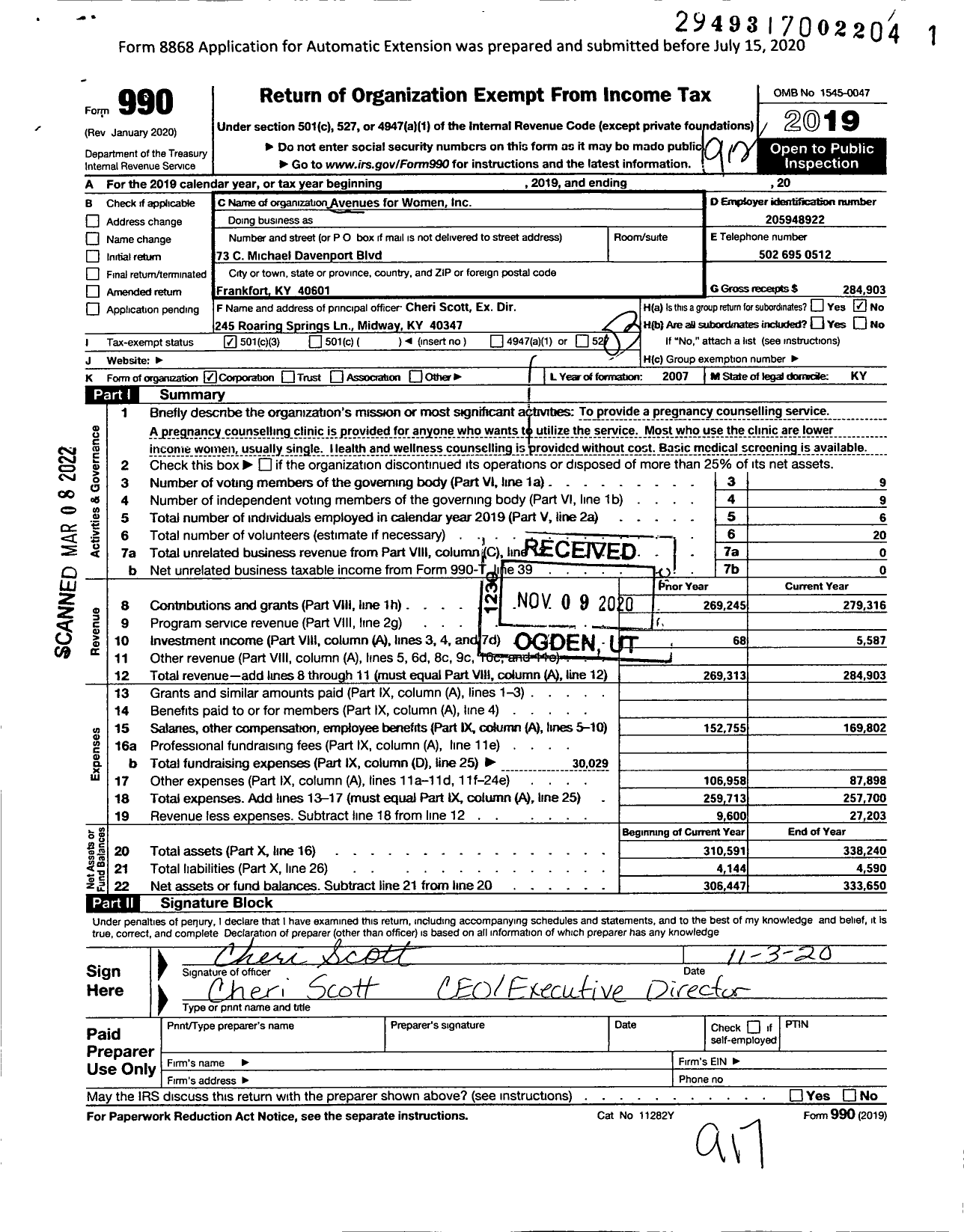 Image of first page of 2019 Form 990 for Avenues for Women