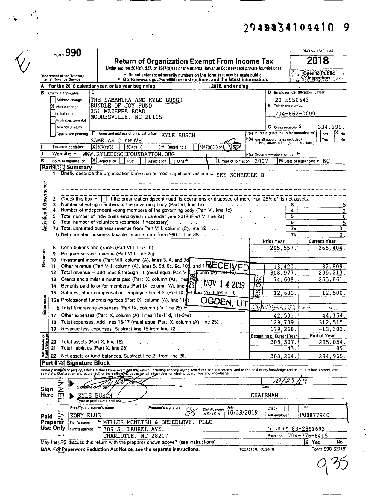 Image of first page of 2018 Form 990 for The Samantha and Kyle Busch Bundle of Joy Fund