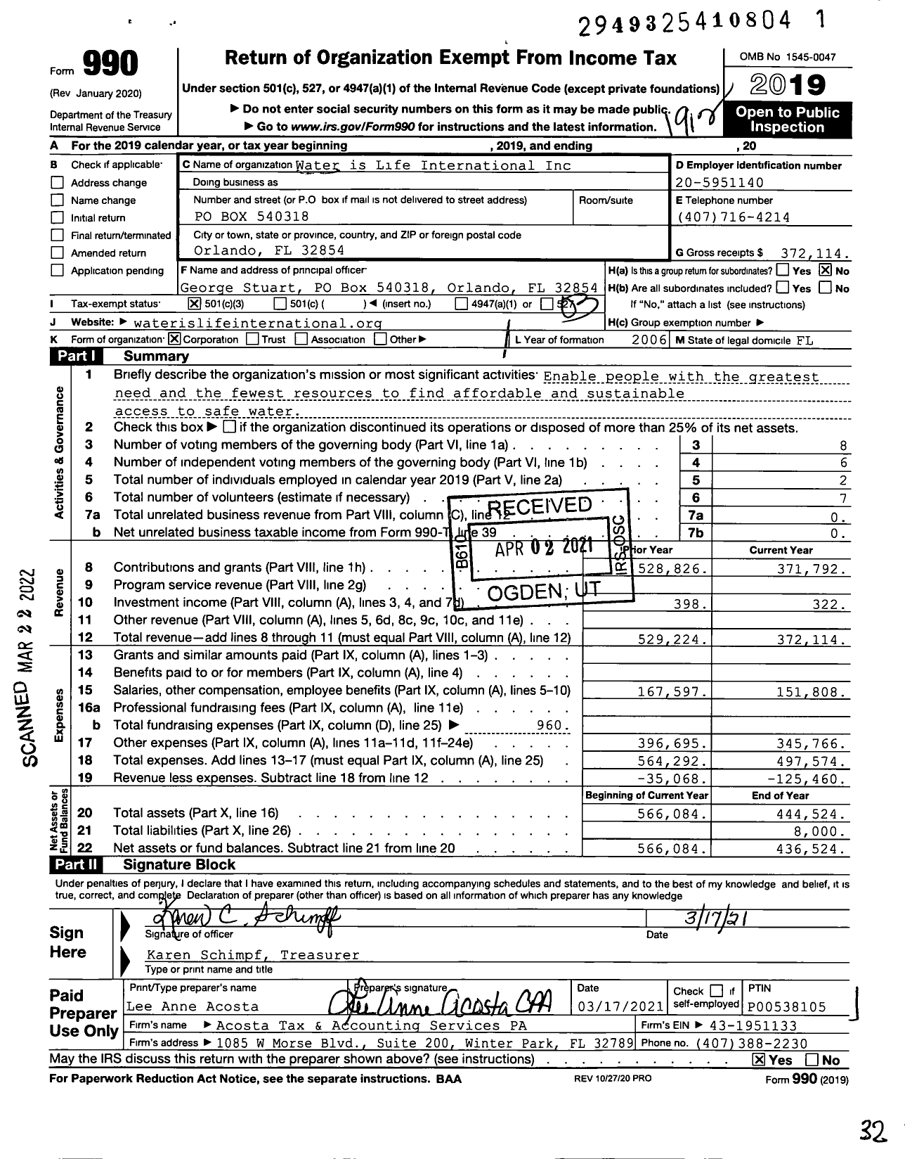 Image of first page of 2019 Form 990 for Water is Life International Schimpf