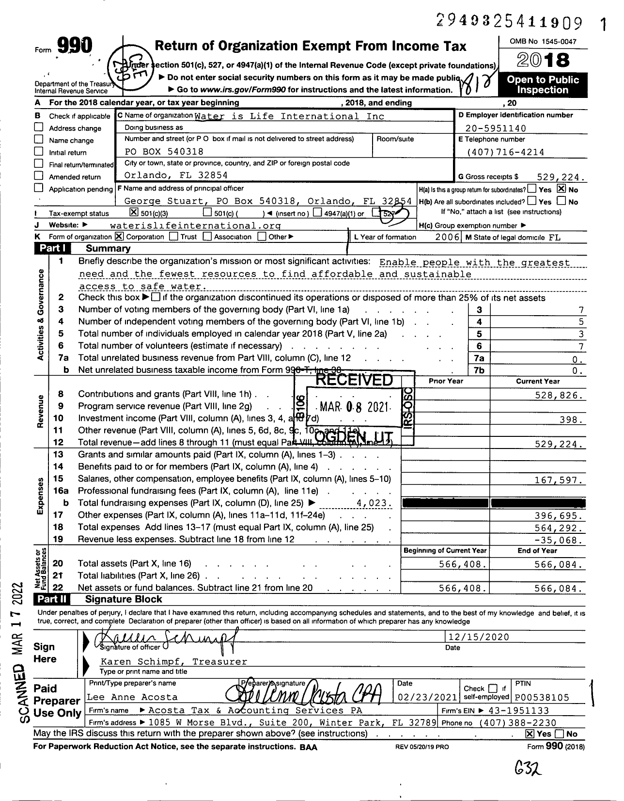 Image of first page of 2018 Form 990 for Water is Life International Schimpf