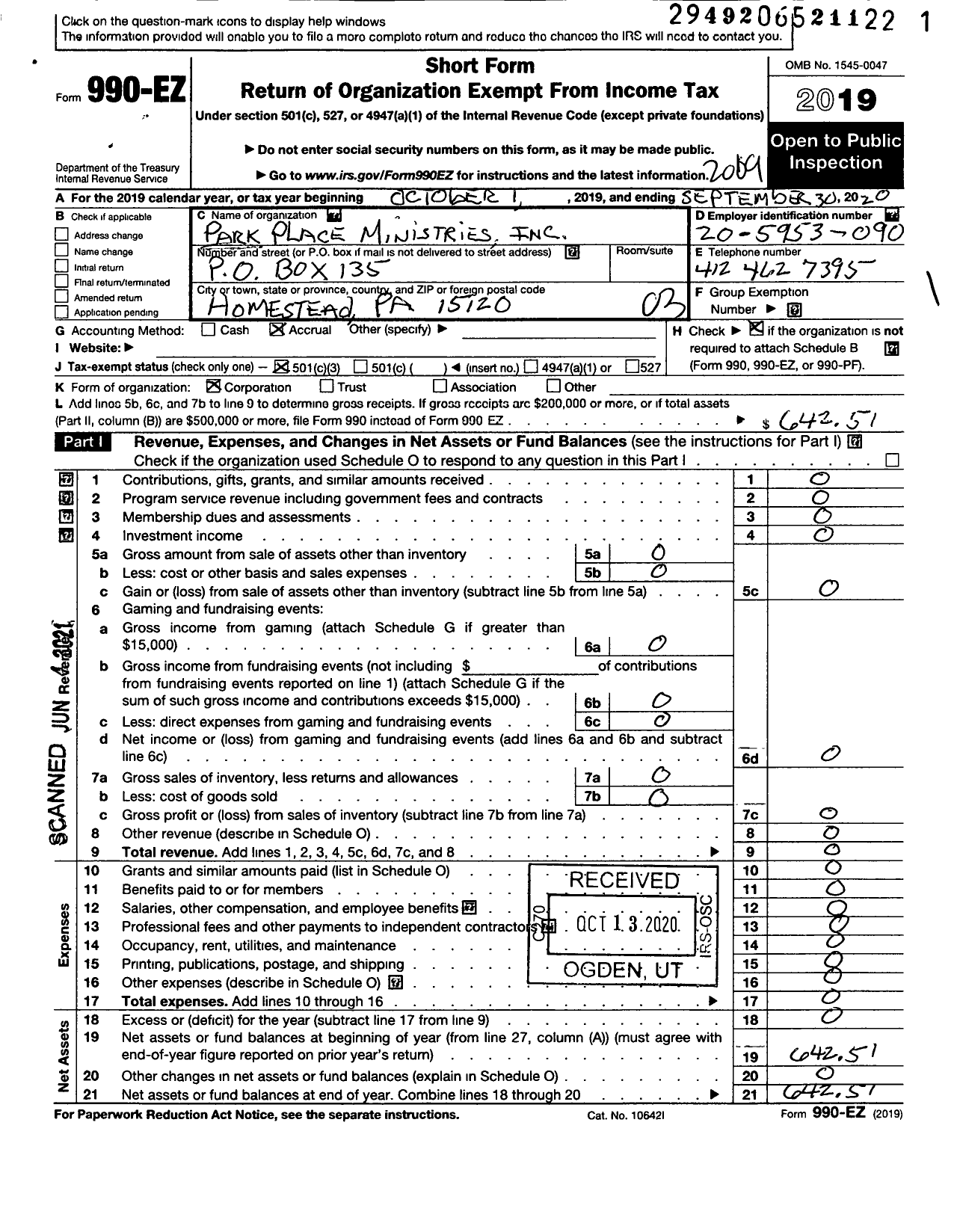 Image of first page of 2019 Form 990EZ for Park Place Ministries