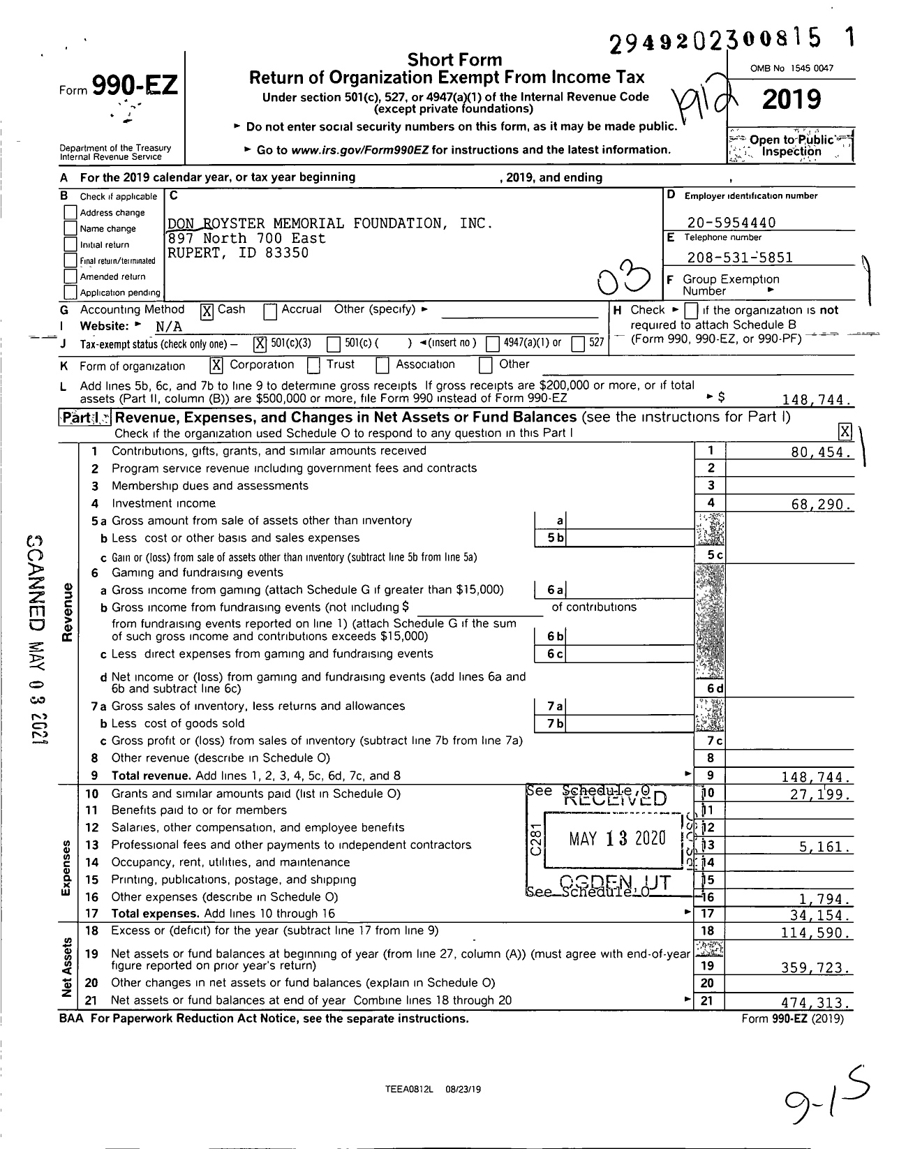 Image of first page of 2019 Form 990EZ for Don Royster Memorial Foundation
