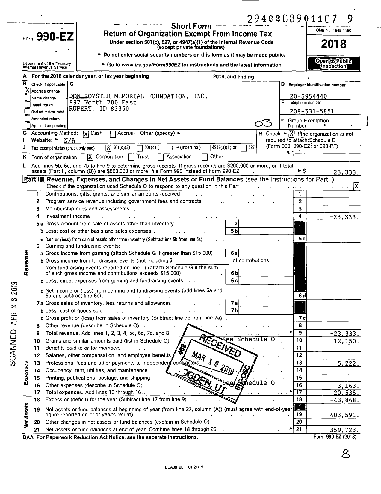 Image of first page of 2018 Form 990EZ for Don Royster Memorial Foundation