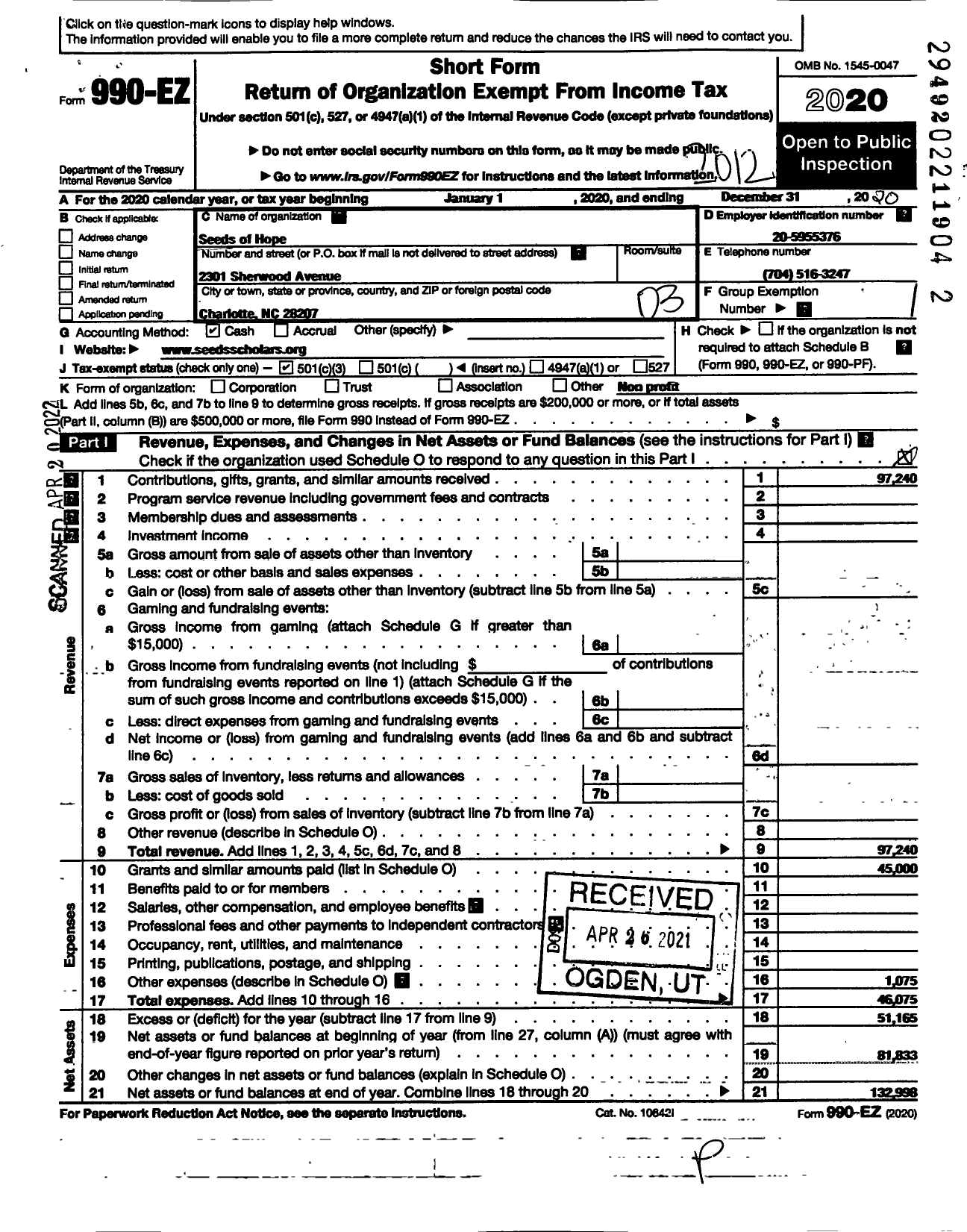 Image of first page of 2020 Form 990EZ for Seeds of Hope