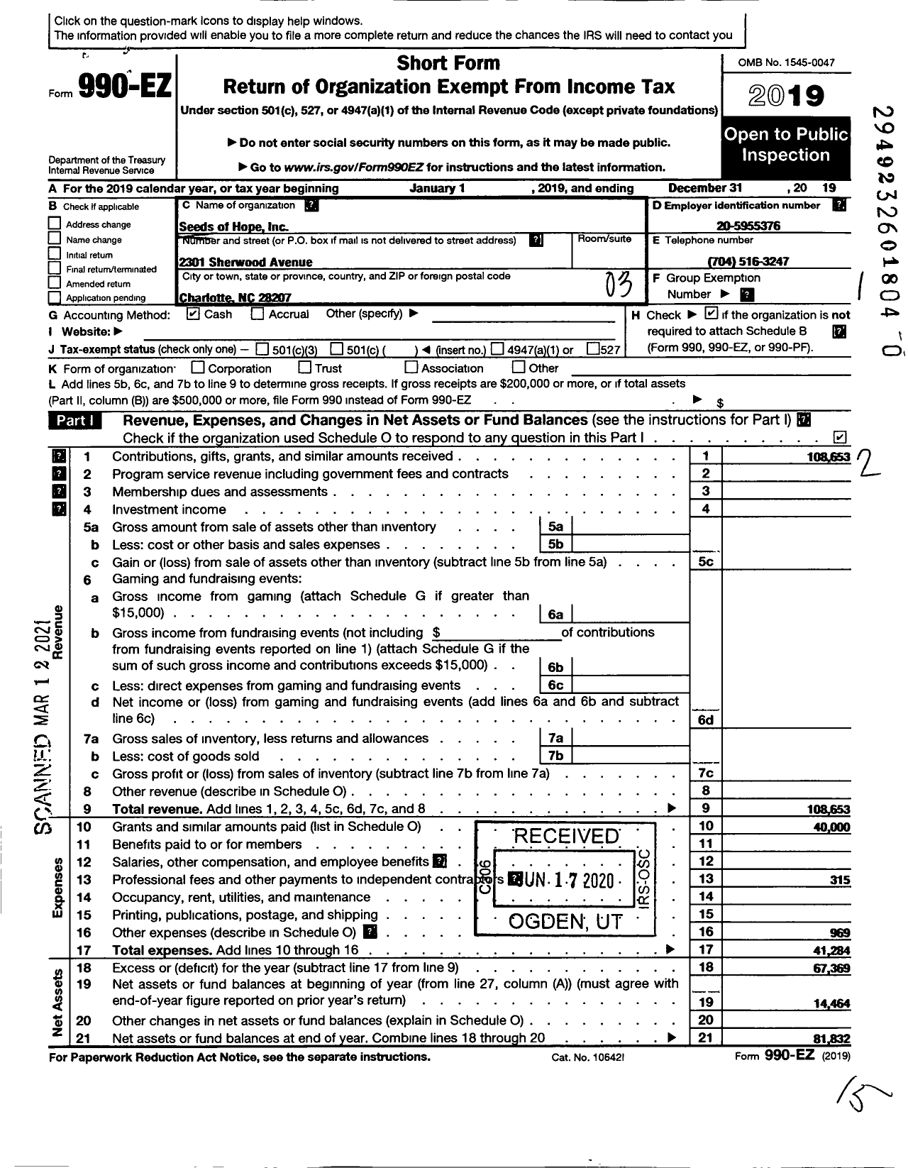 Image of first page of 2019 Form 990EZ for Seeds of Hope