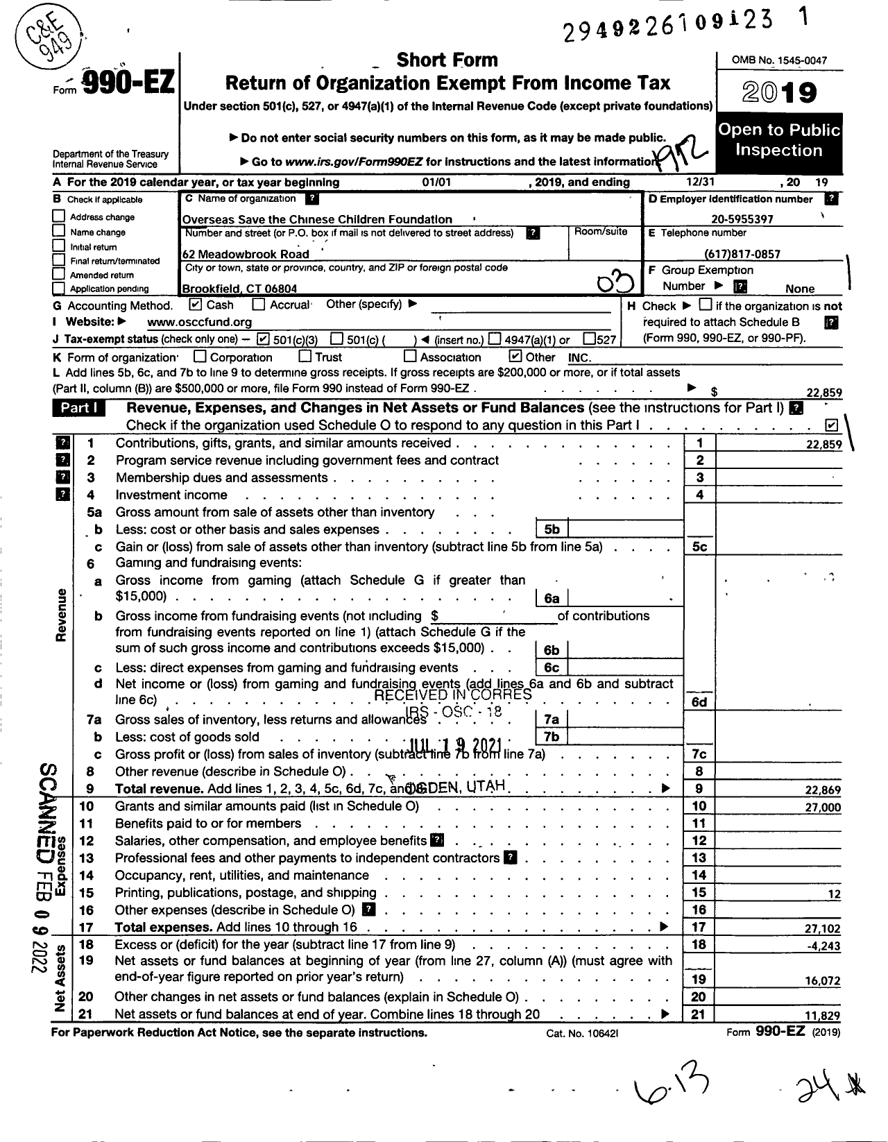 Image of first page of 2019 Form 990EZ for Overseas Save the Chinese Childrenfoundation