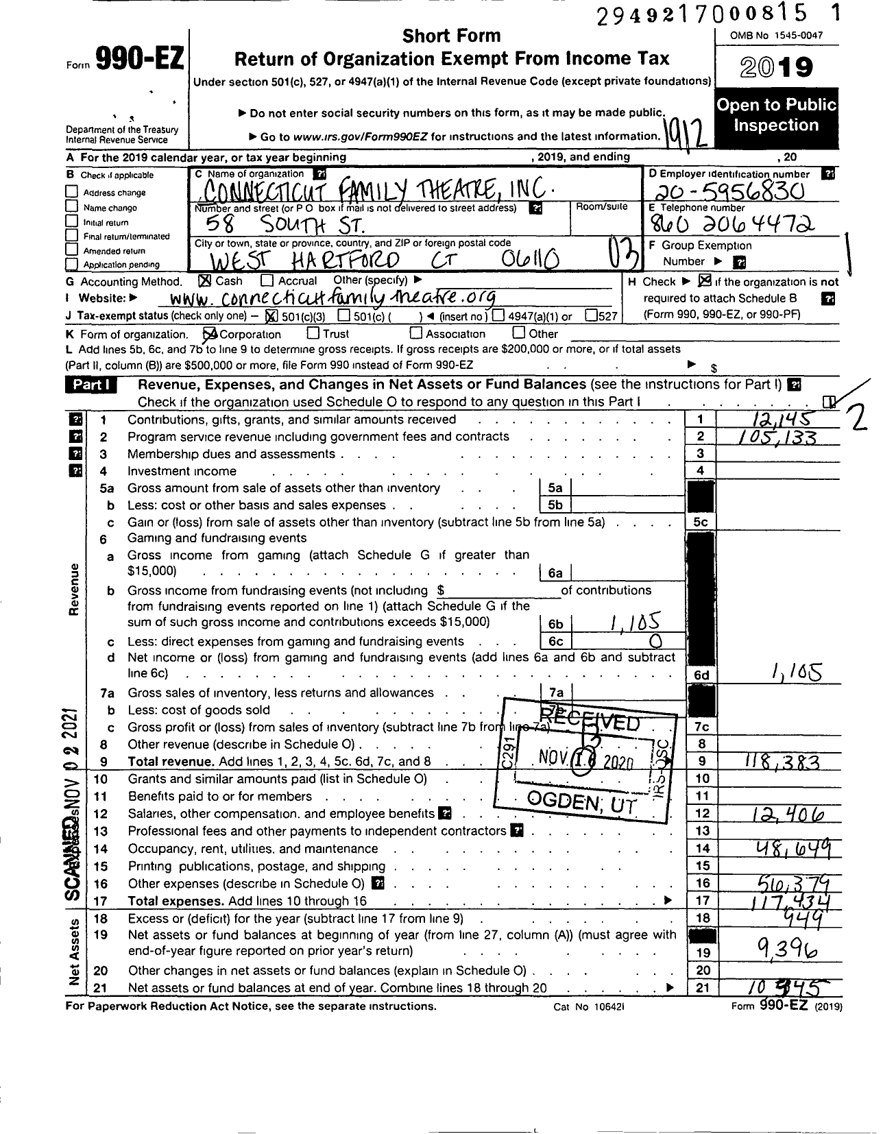 Image of first page of 2019 Form 990EZ for Connecticut Family Theatre