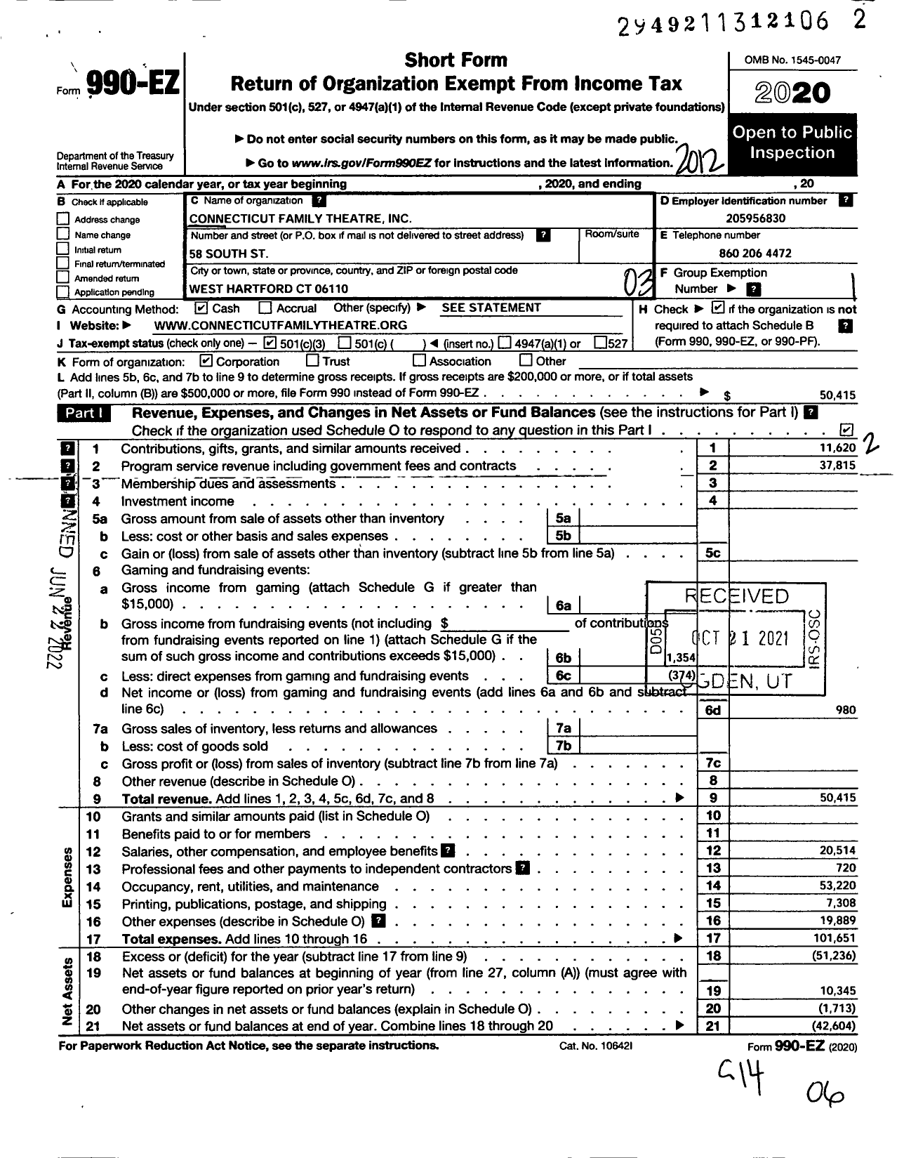 Image of first page of 2020 Form 990EZ for Connecticut Family Theatre