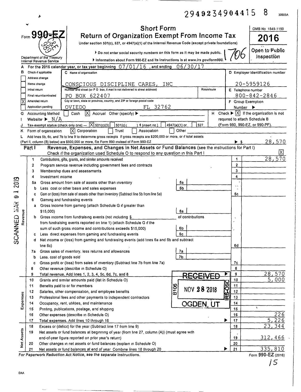 Image of first page of 2016 Form 990EZ for Conscious Discipline Cares