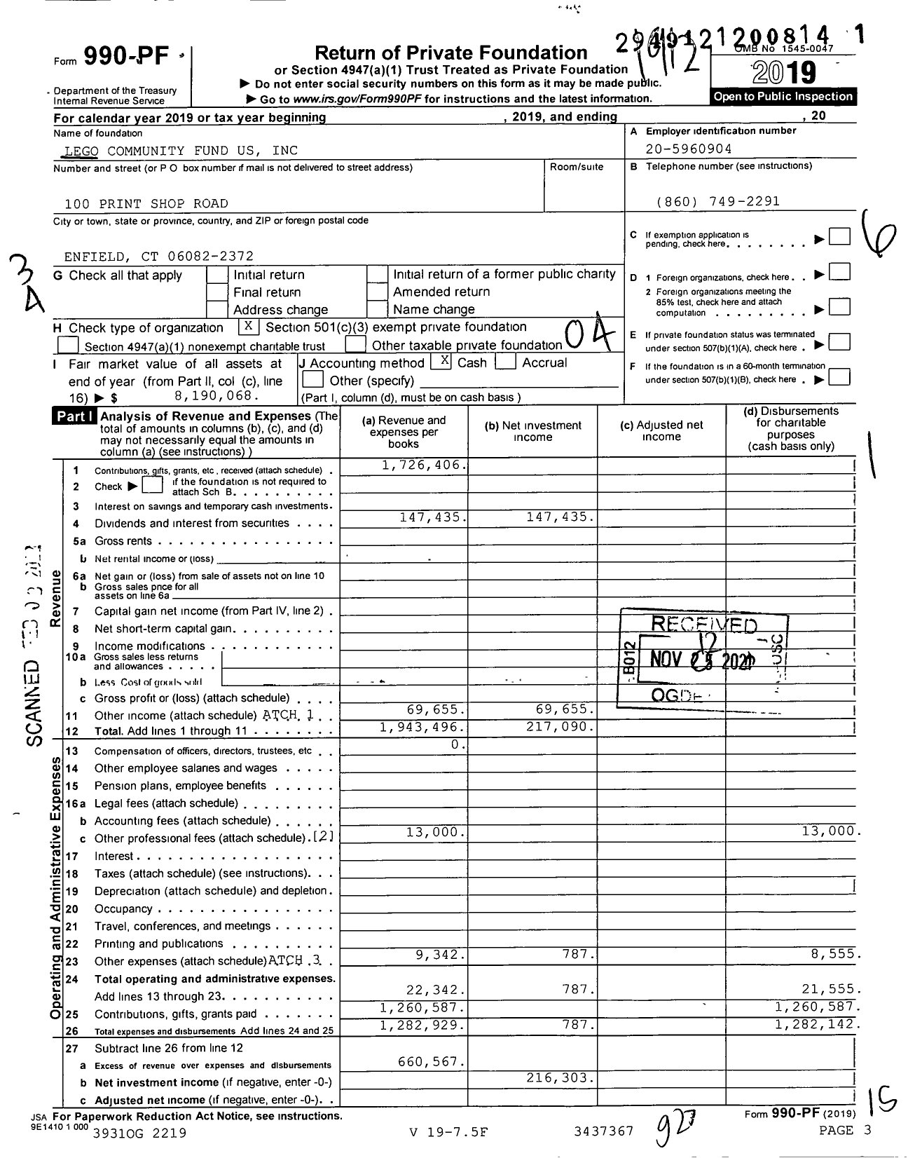 Image of first page of 2019 Form 990PF for Lego Community Fund Us