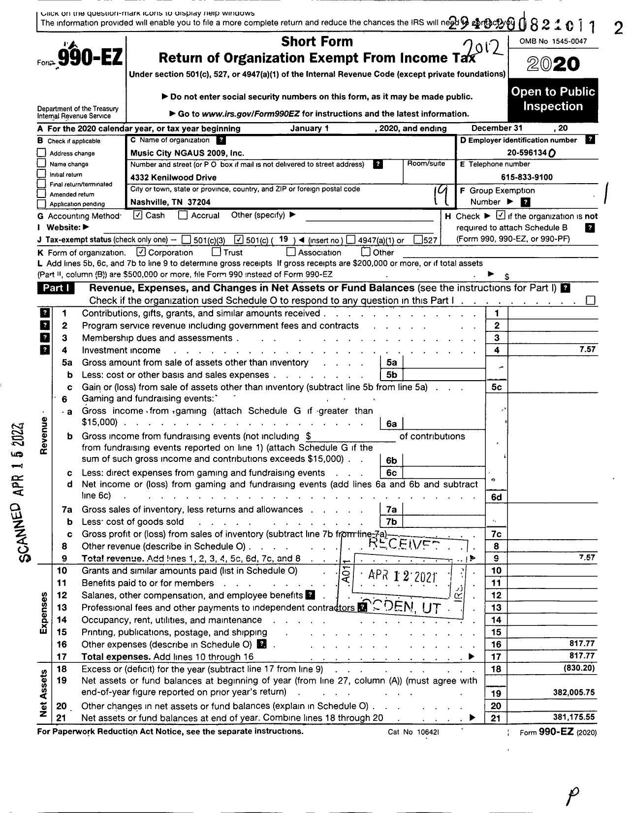 Image of first page of 2020 Form 990EO for Music City NGAUS 2009