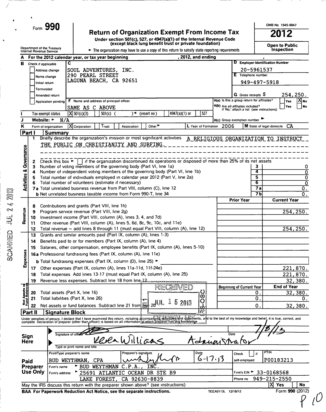 Image of first page of 2012 Form 990 for Soul Adventures