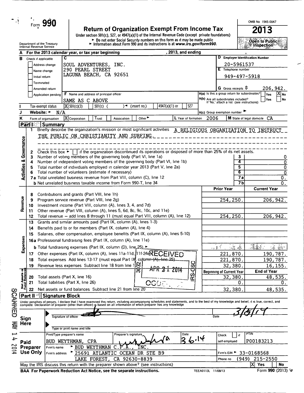 Image of first page of 2013 Form 990 for Soul Adventures