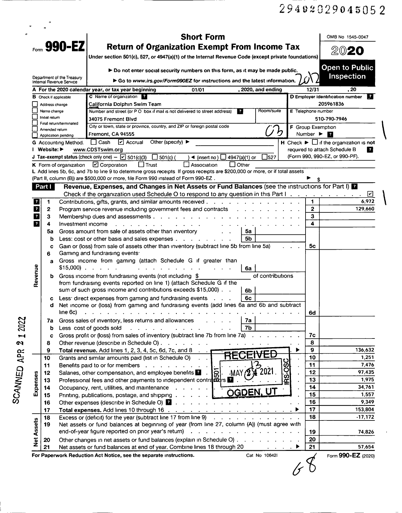 Image of first page of 2020 Form 990EZ for Competitive Swimming