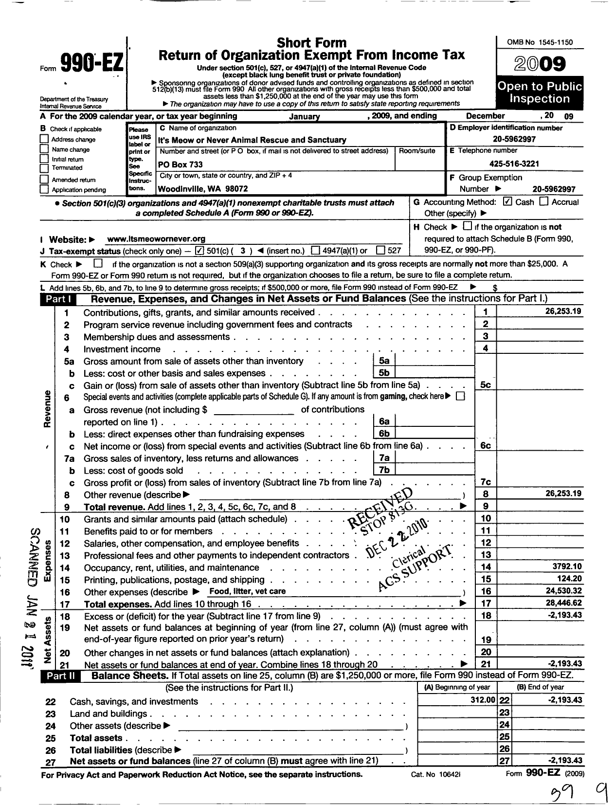 Image of first page of 2009 Form 990EZ for Its Meow Or Never Animal Rescue Andsanctuary