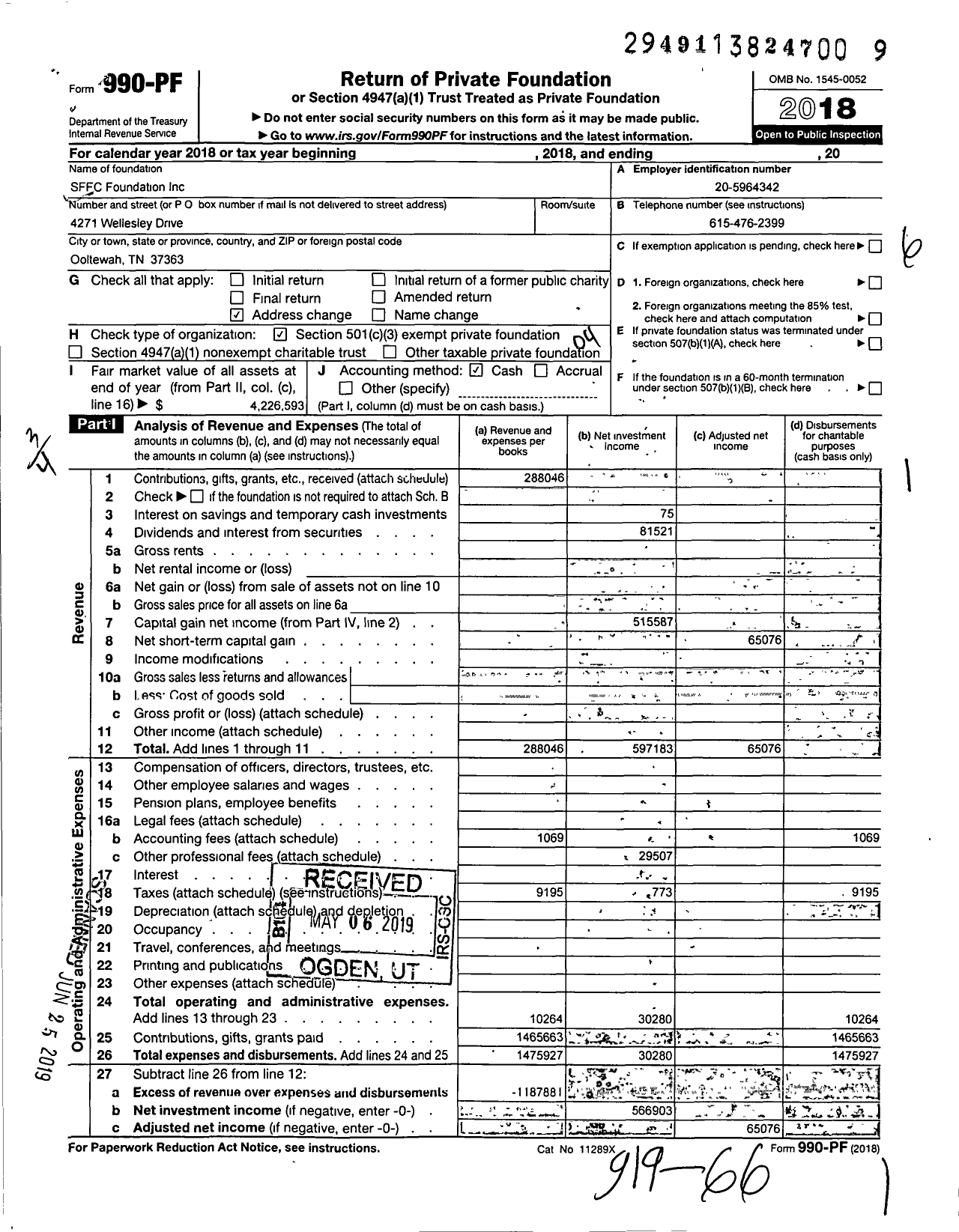 Image of first page of 2018 Form 990PF for SFFC Foundation