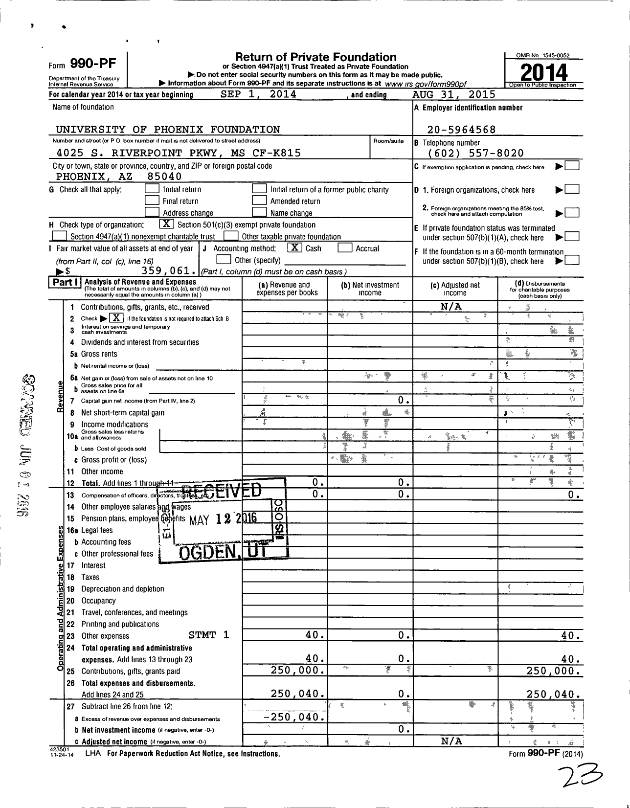 Image of first page of 2014 Form 990PF for University of Phoenix Foundation