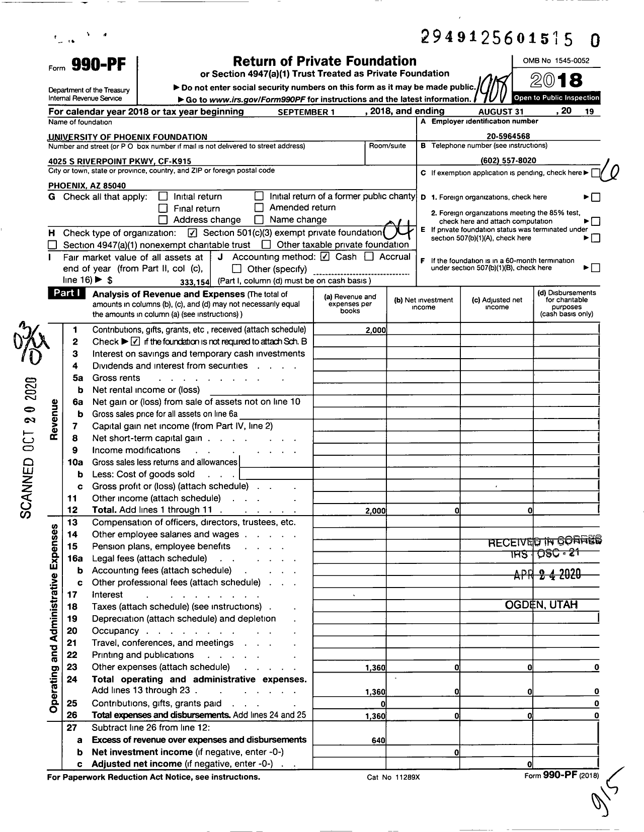 Image of first page of 2018 Form 990PR for University of Phoenix Foundation