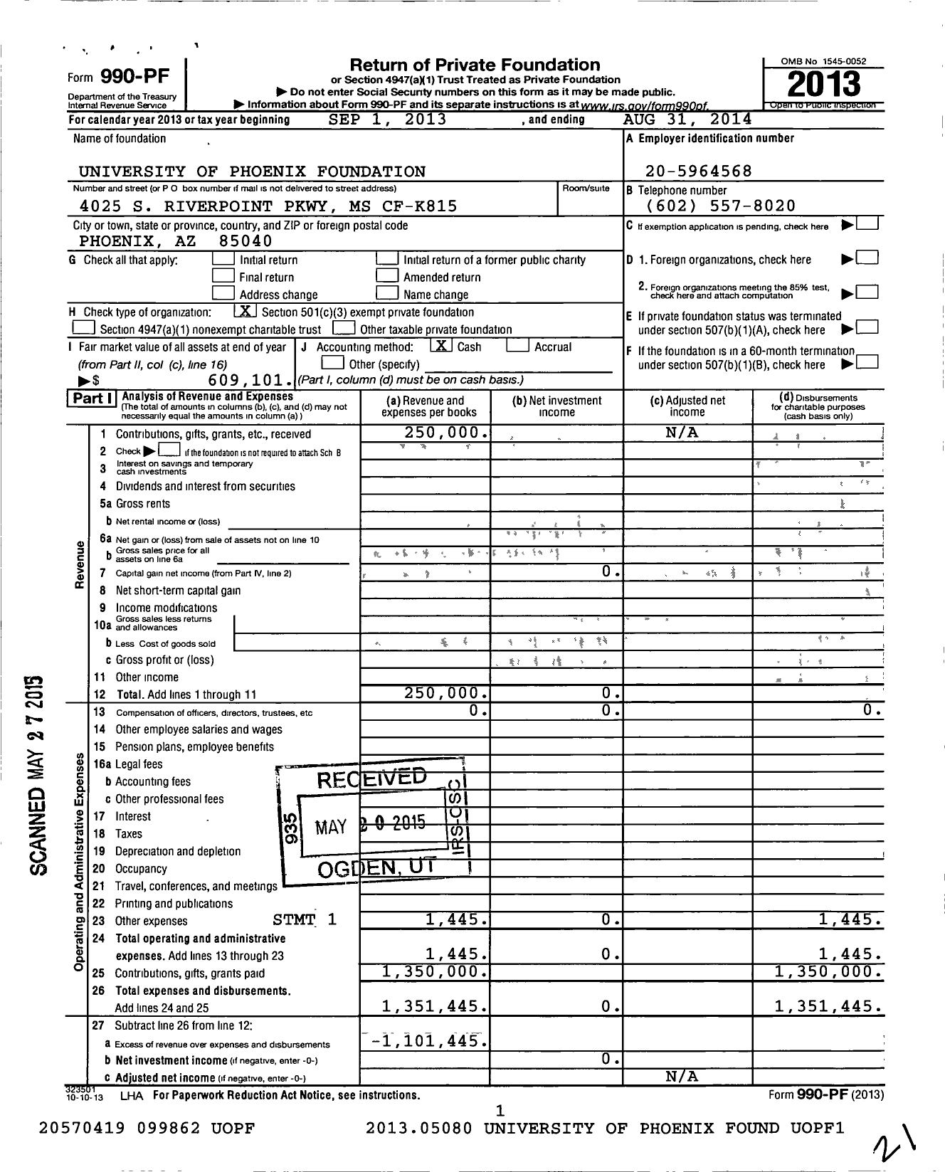 Image of first page of 2013 Form 990PF for University of Phoenix Foundation