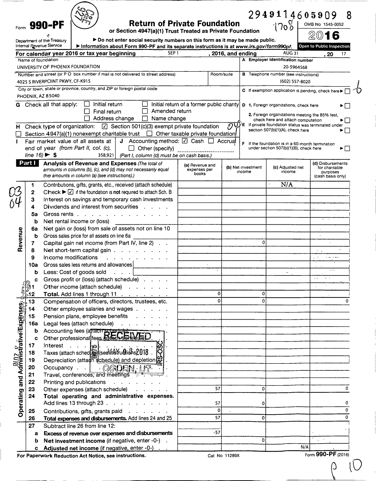 Image of first page of 2016 Form 990PF for University of Phoenix Foundation