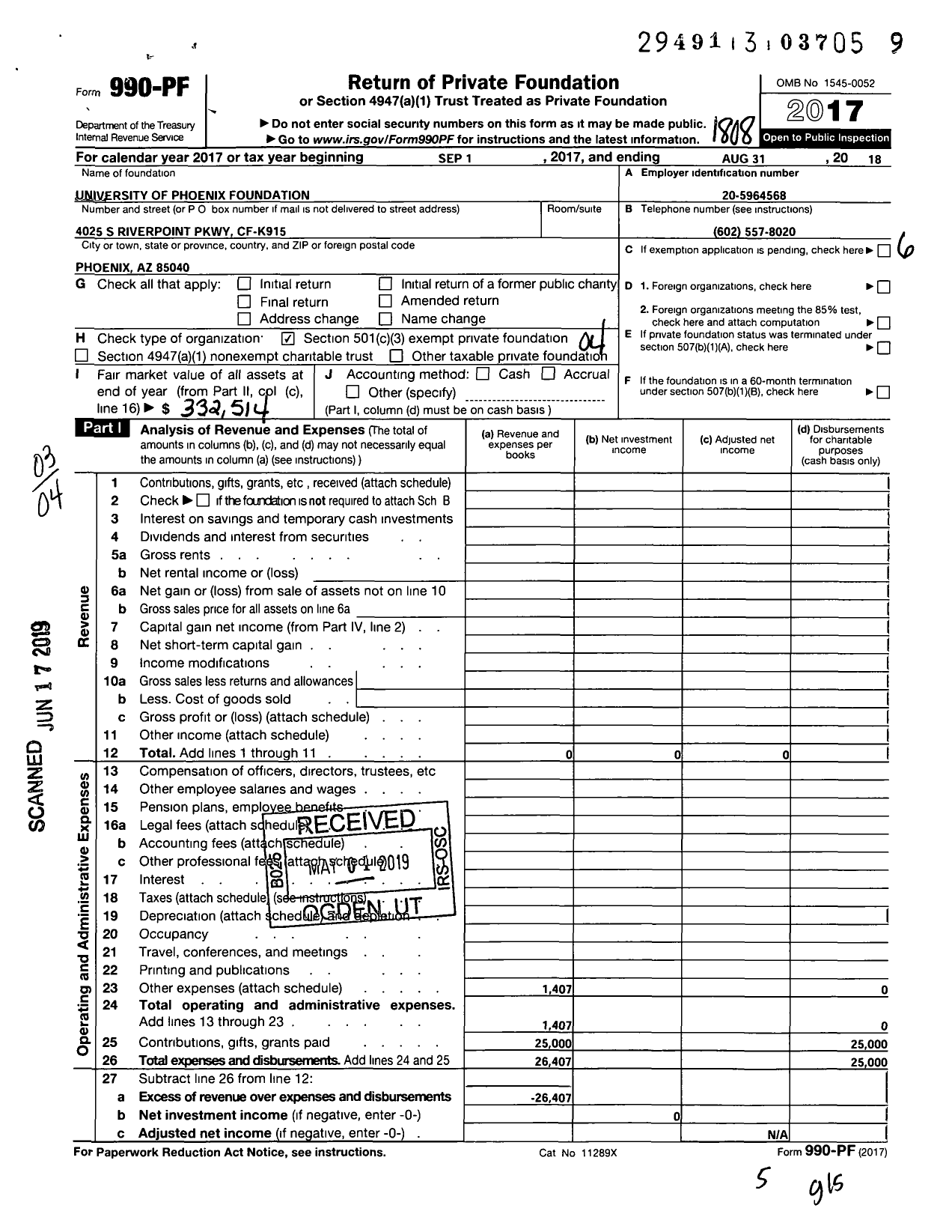 Image of first page of 2017 Form 990PF for University of Phoenix Foundation