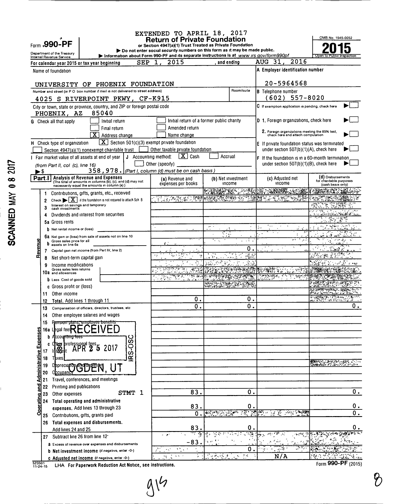 Image of first page of 2015 Form 990PF for University of Phoenix Foundation