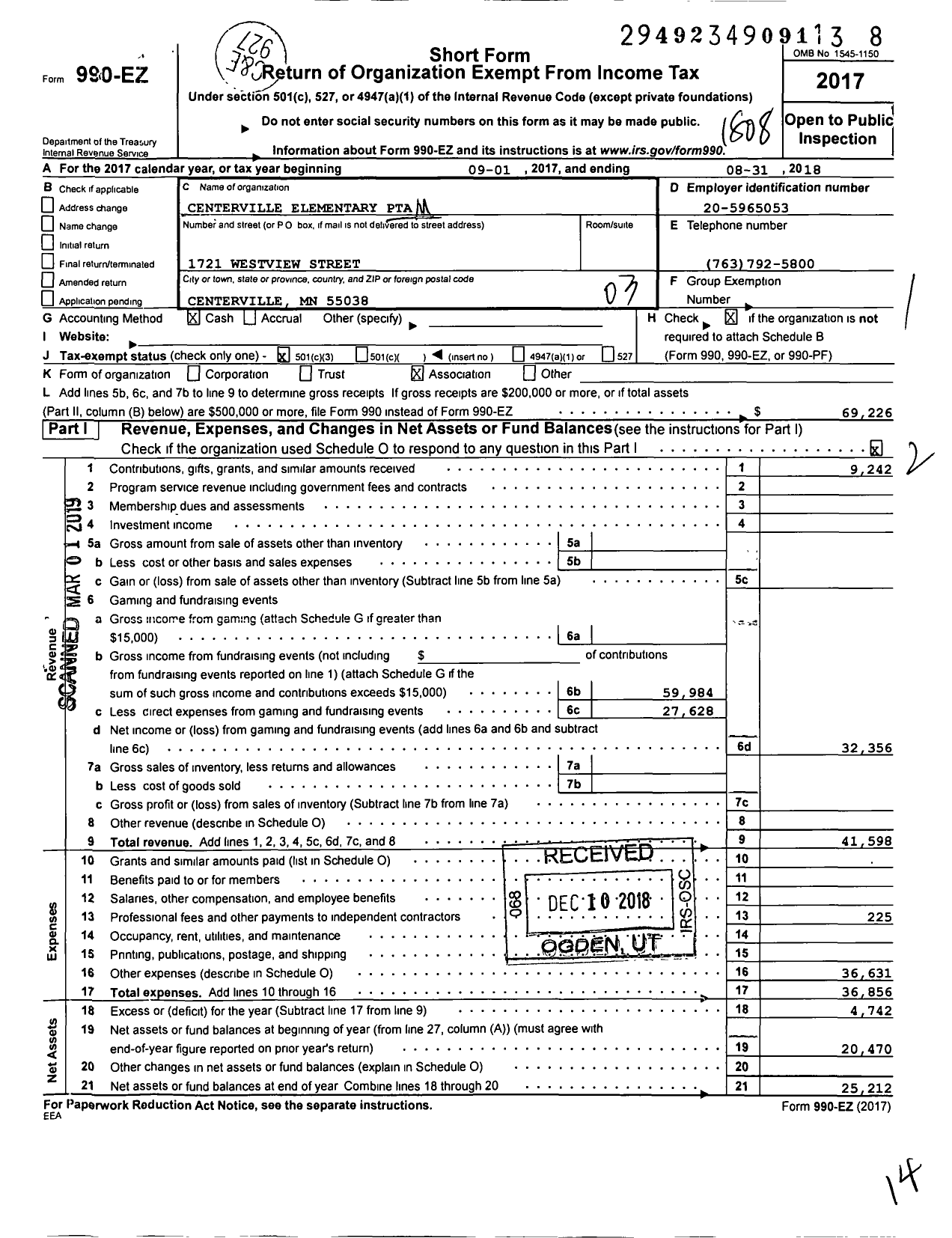 Image of first page of 2017 Form 990EZ for Centerville PTA