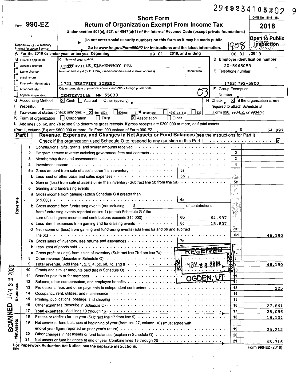 Image of first page of 2018 Form 990EZ for Centerville PTA