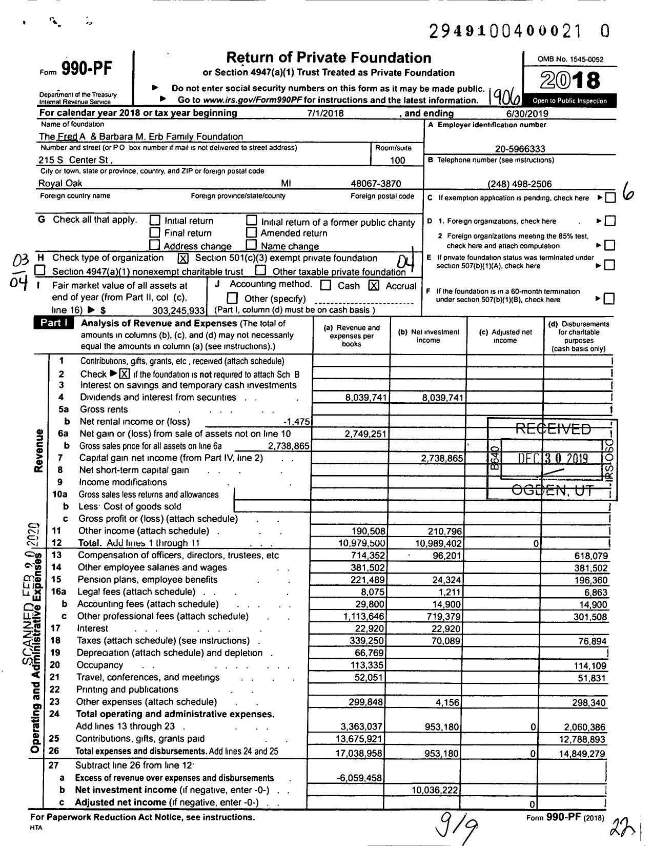 Image of first page of 2018 Form 990PR for Fred A and Barbara M Erb Family Foundation