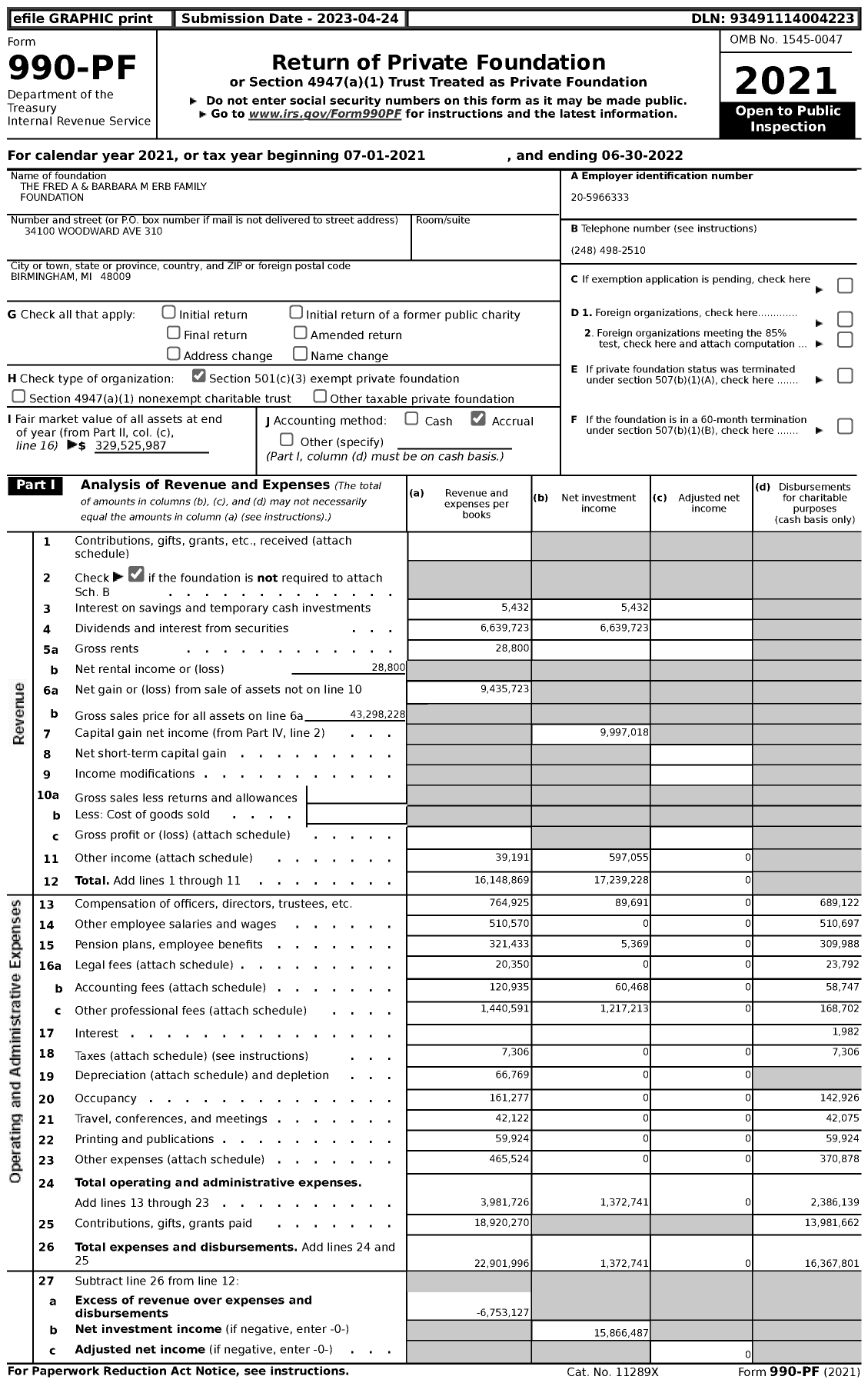 Image of first page of 2021 Form 990PF for Fred A and Barbara M Erb Family Foundation