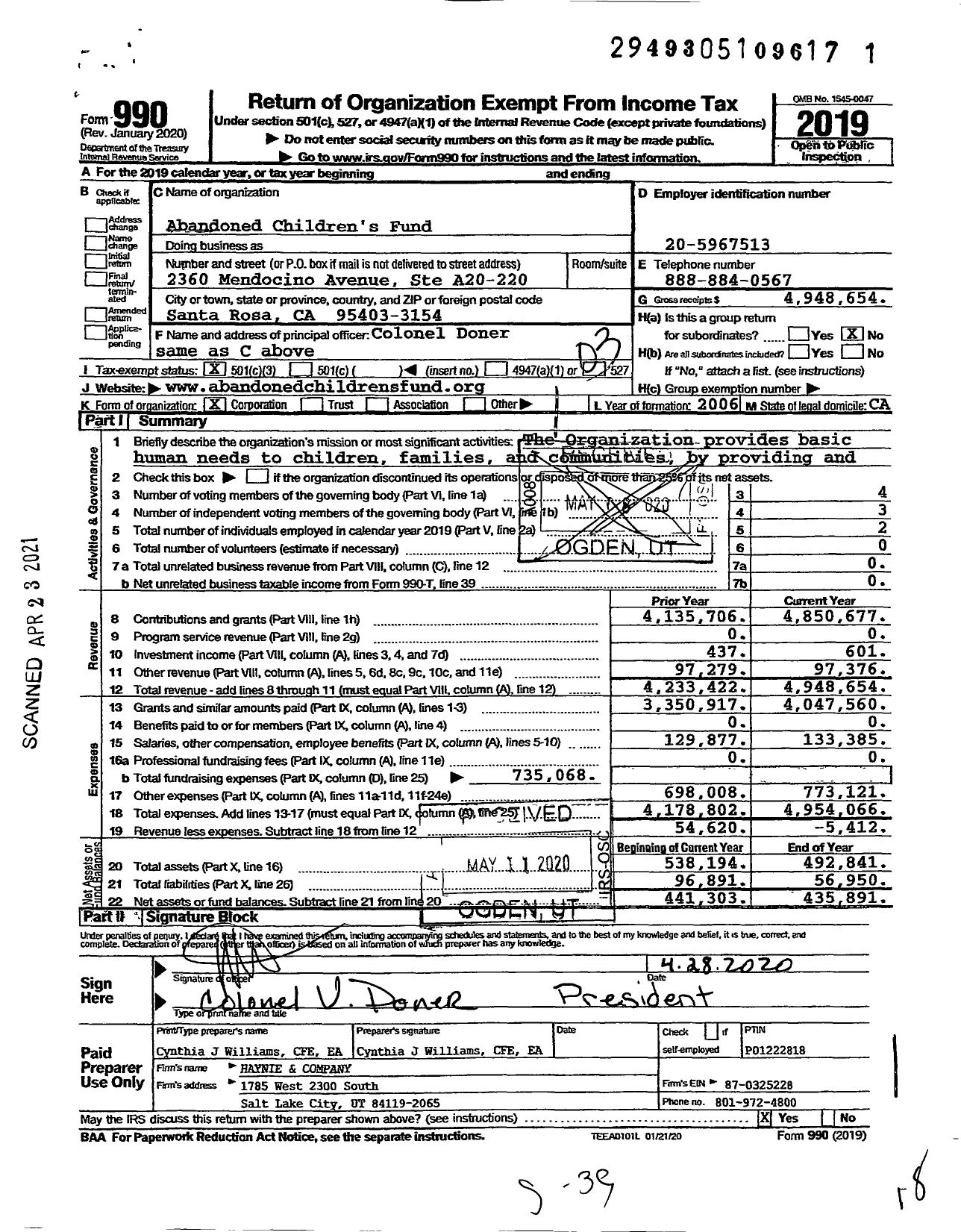 Image of first page of 2019 Form 990 for Abandoned Childrens Fund