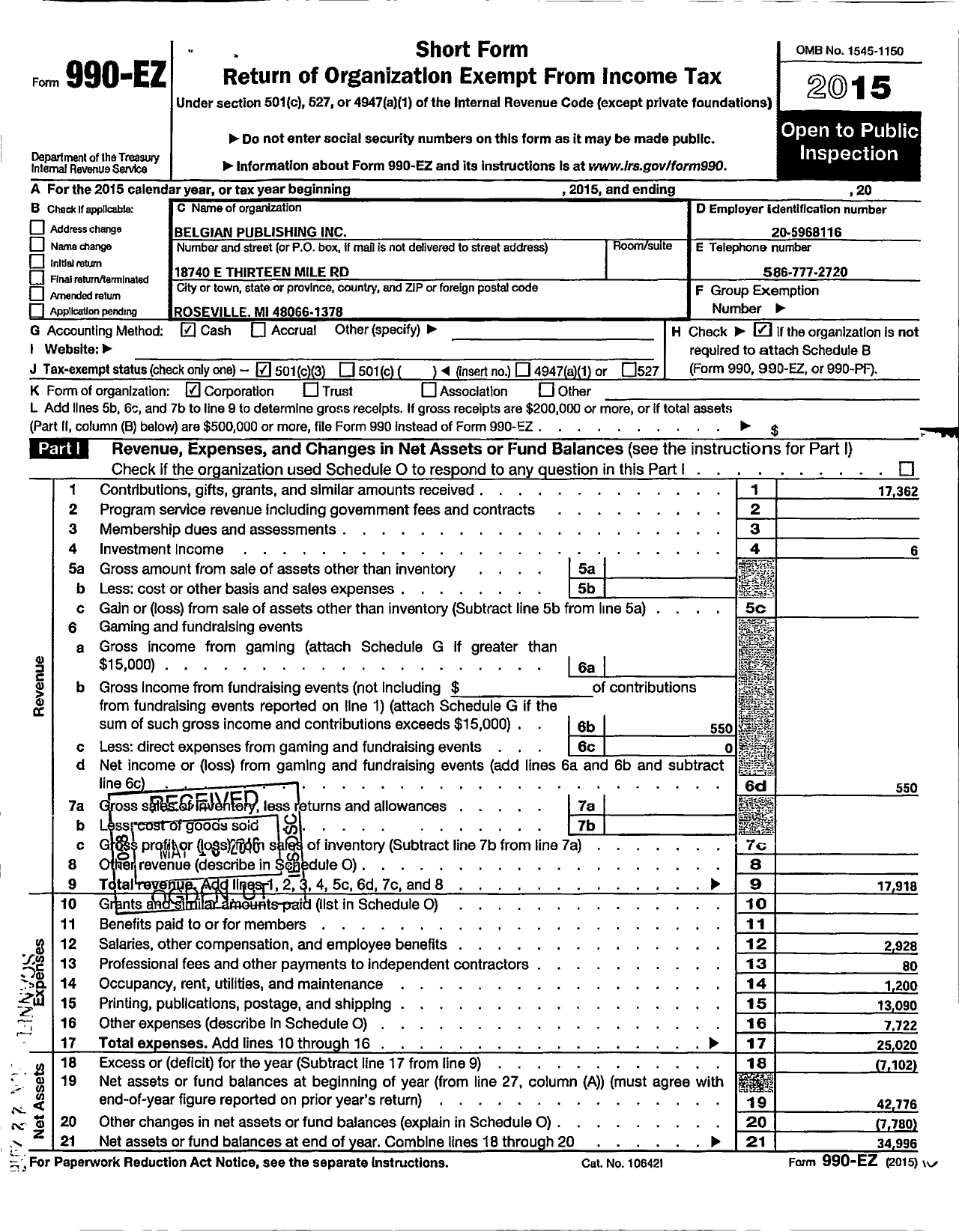 Image of first page of 2015 Form 990EZ for Belgian Publishing