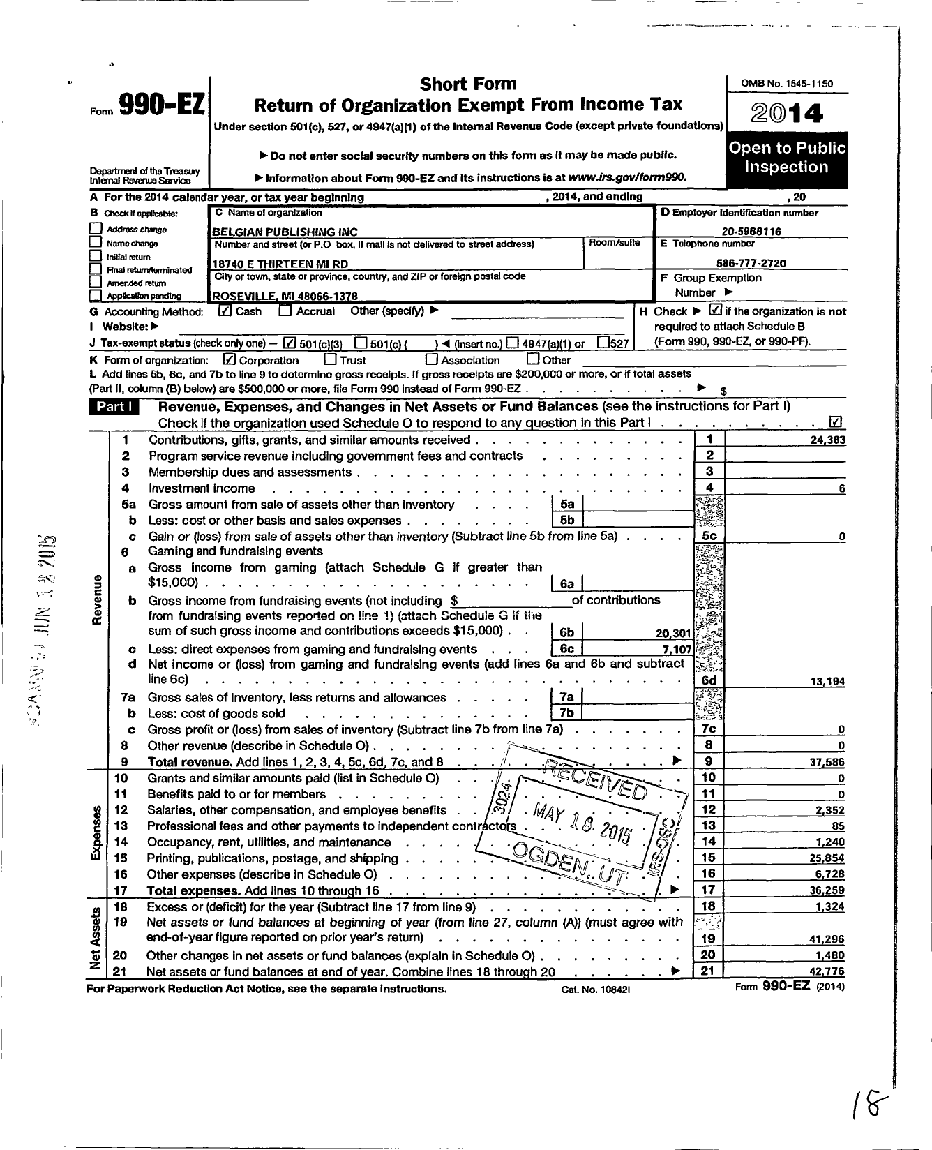 Image of first page of 2014 Form 990EZ for Belgian Publishing