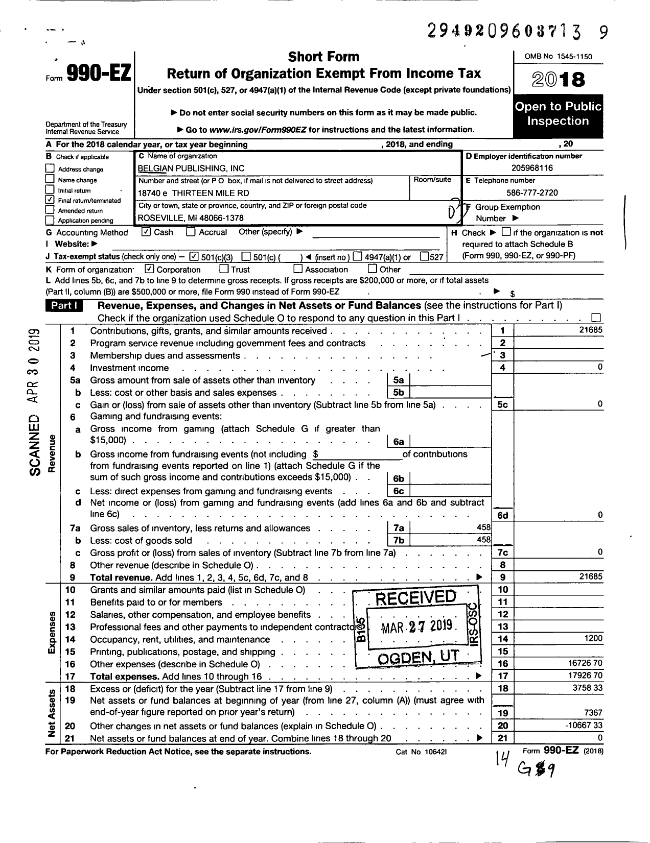 Image of first page of 2018 Form 990EZ for Belgian Publishing