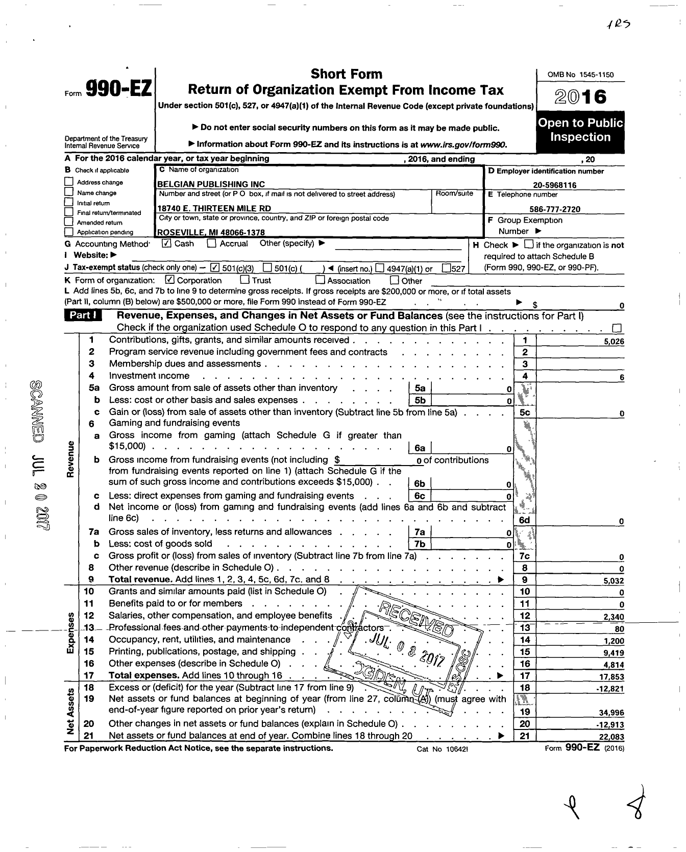 Image of first page of 2016 Form 990EZ for Belgian Publishing