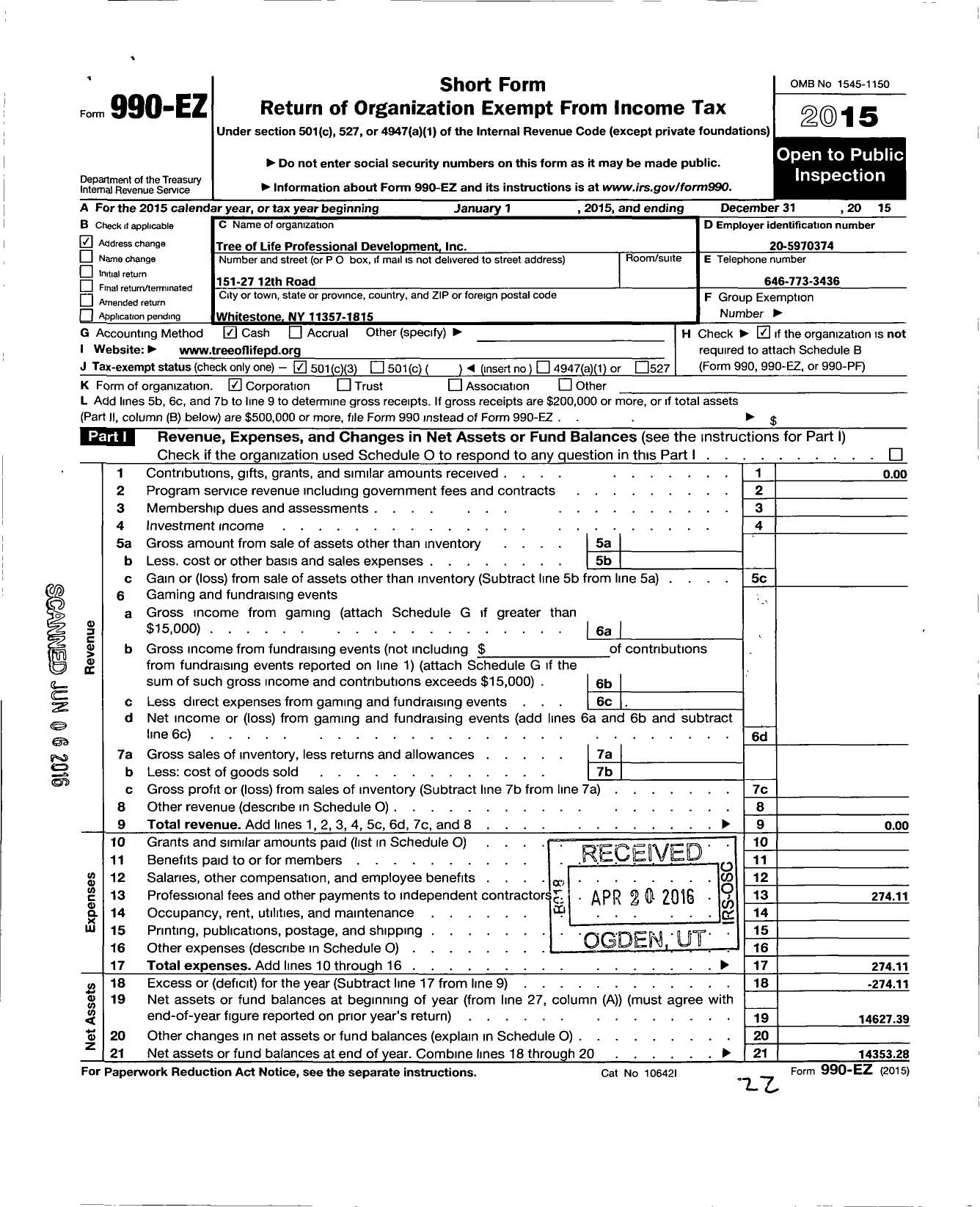Image of first page of 2015 Form 990EZ for Tree of Life Professional Development