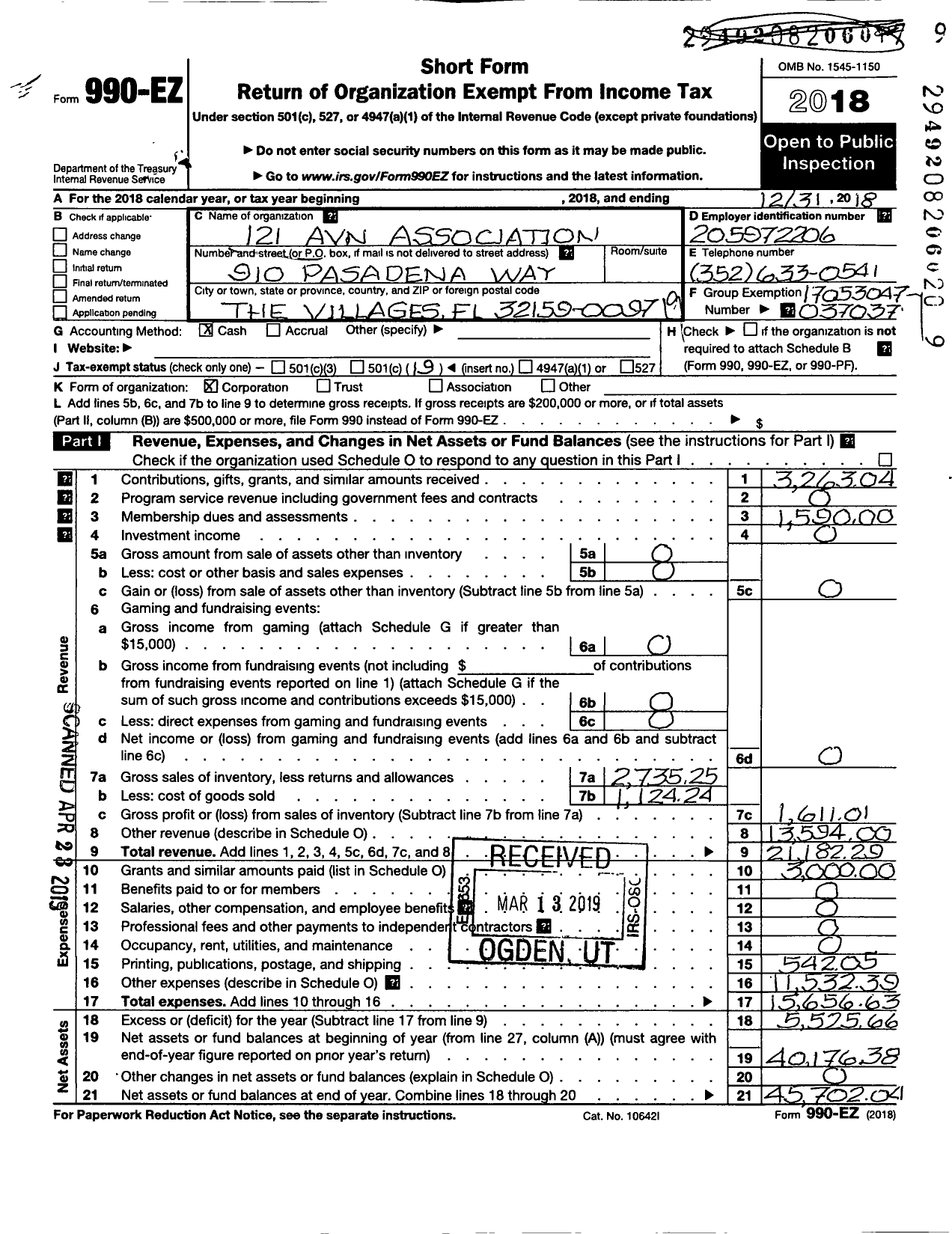 Image of first page of 2018 Form 990EO for 121 Avn Association