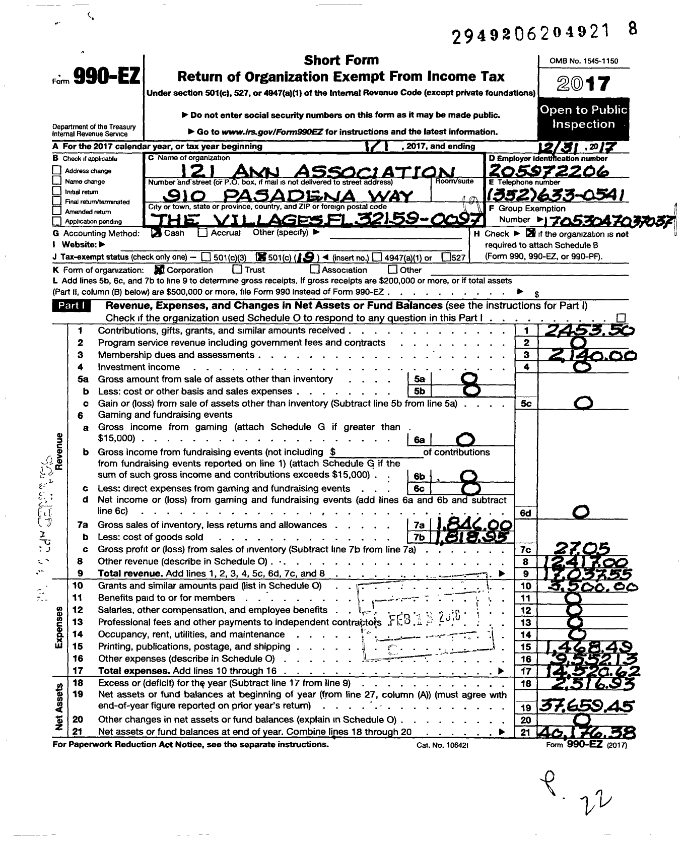 Image of first page of 2017 Form 990EO for 121 Avn Association