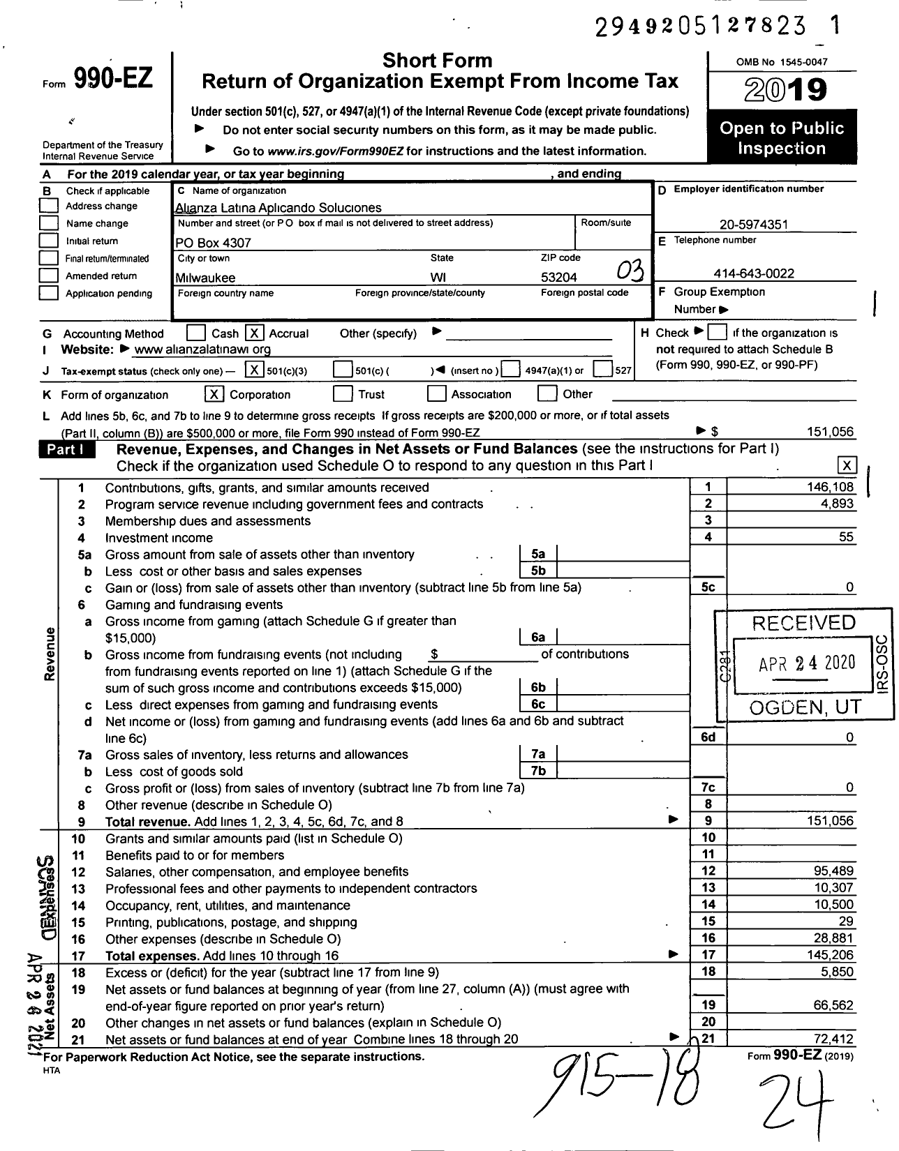 Image of first page of 2019 Form 990EZ for Alianza Latina Aplicando Soluciones