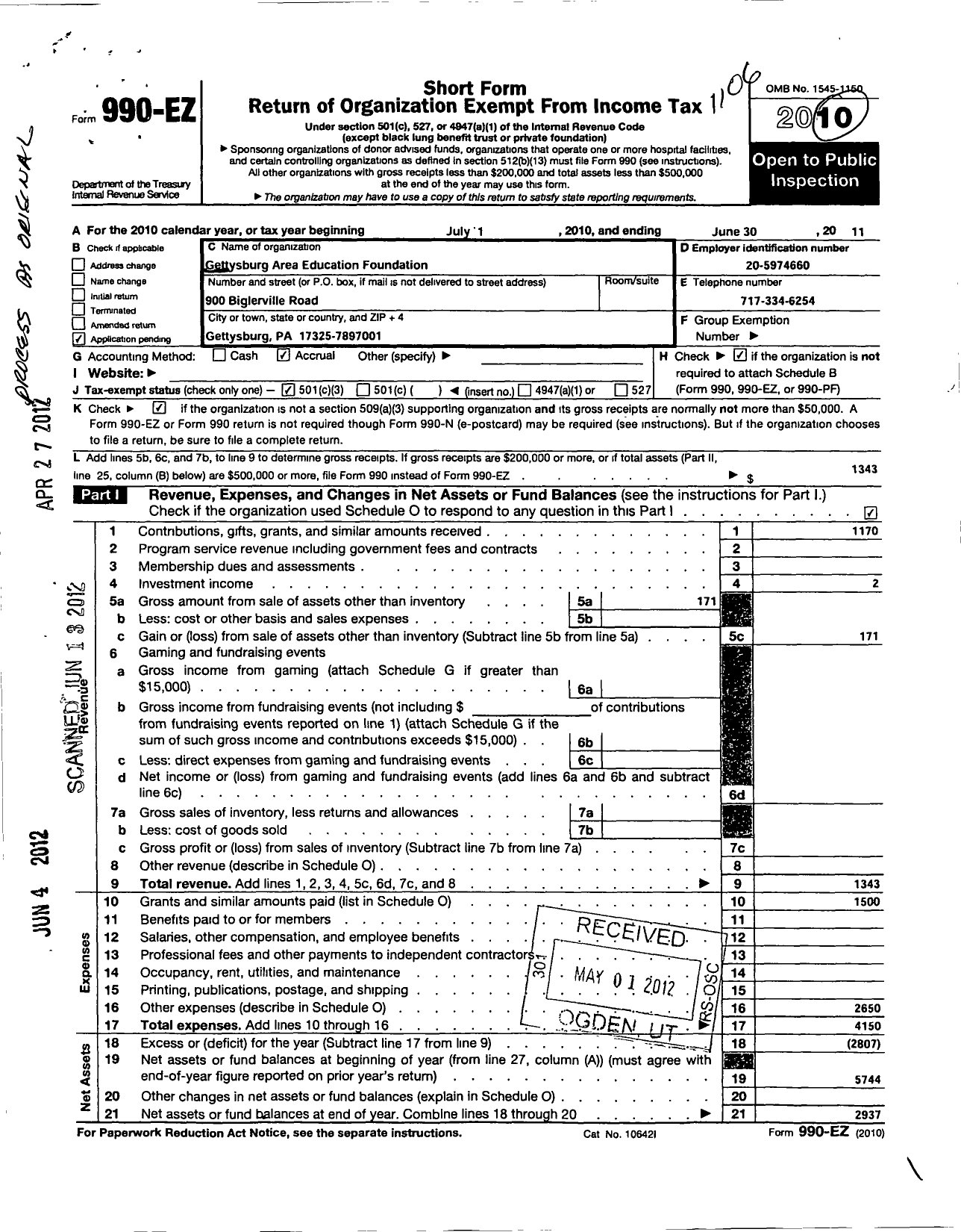 Image of first page of 2010 Form 990EZ for Gettysburg Area Education Foundation