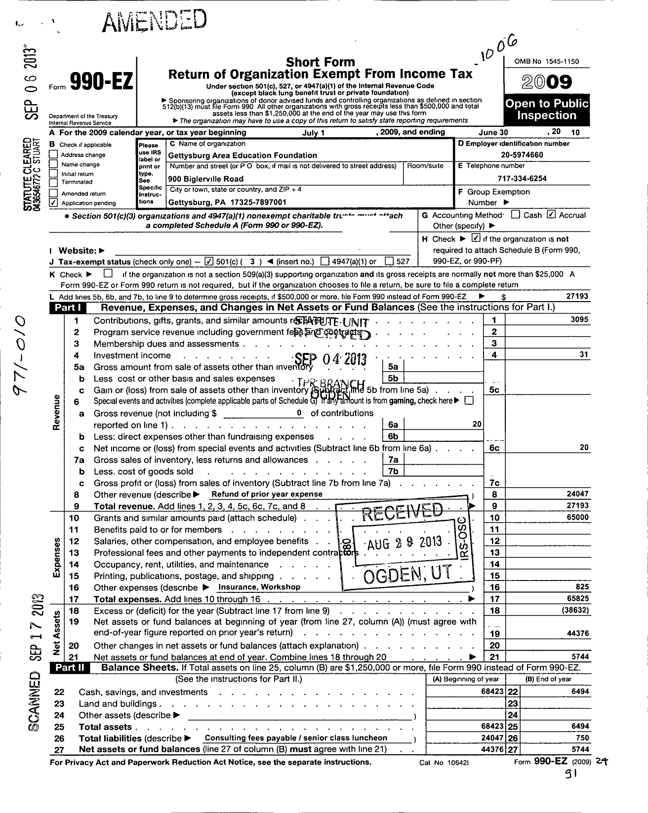 Image of first page of 2009 Form 990EZ for Gettysburg Area Education Foundation