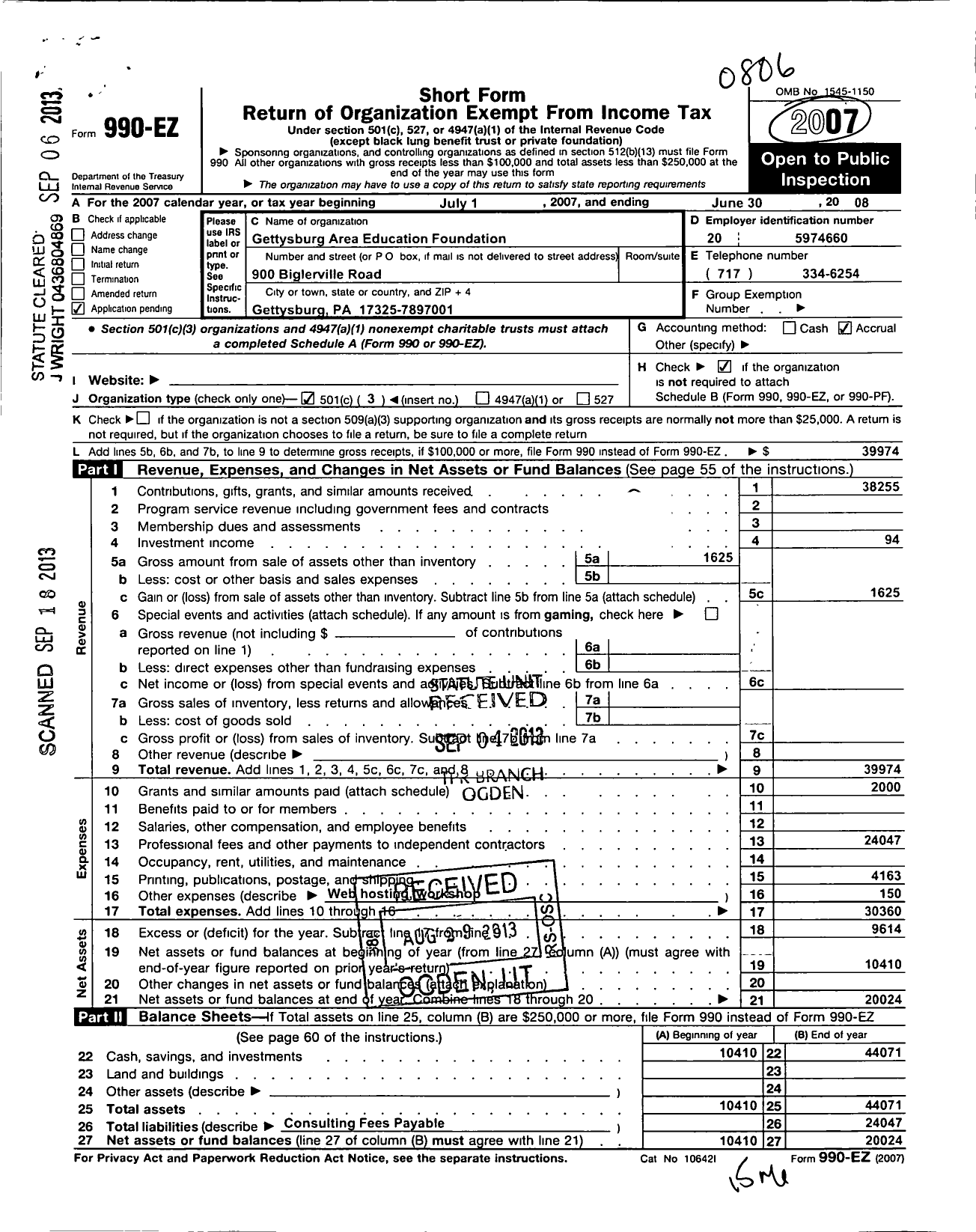 Image of first page of 2007 Form 990EZ for Gettysburg Area Education Foundation