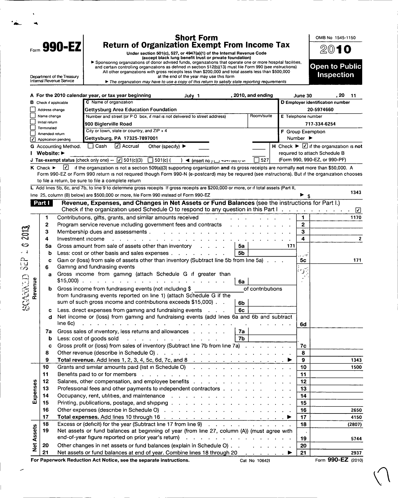 Image of first page of 2010 Form 990EZ for Gettysburg Area Education Foundation