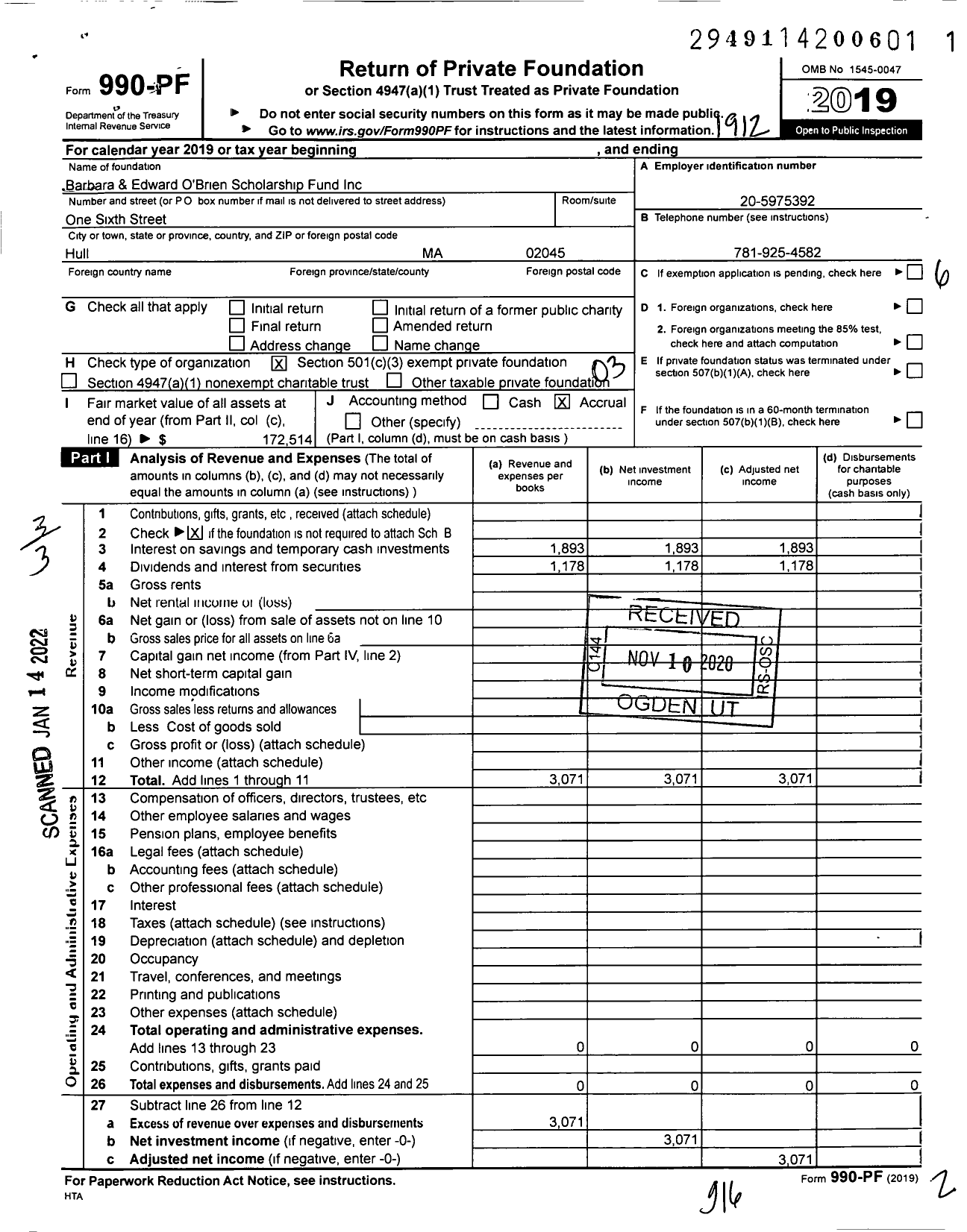 Image of first page of 2019 Form 990PF for Barbara and Edward O'Brien Scholarship