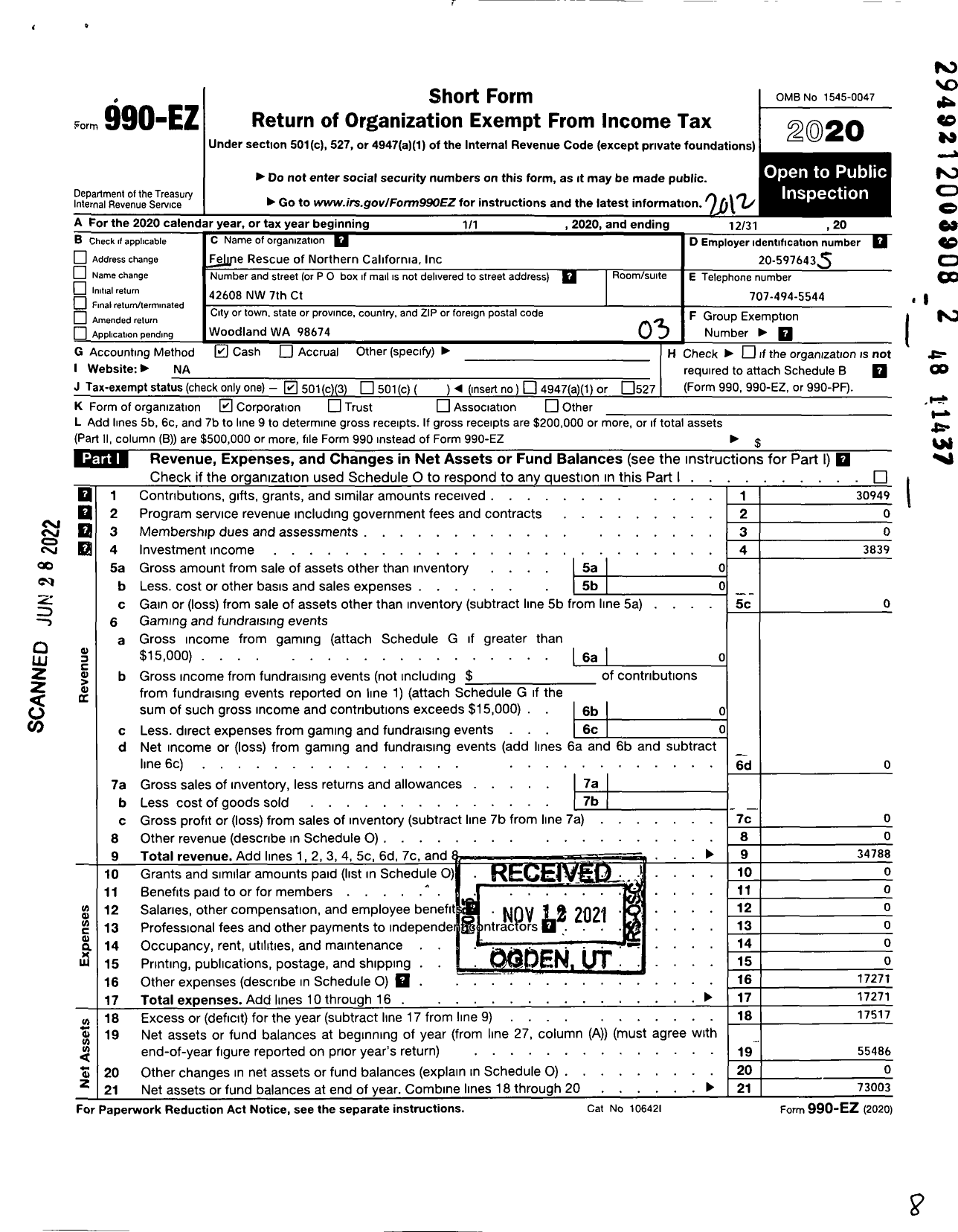 Image of first page of 2020 Form 990EZ for Feline Rescue of Northern California