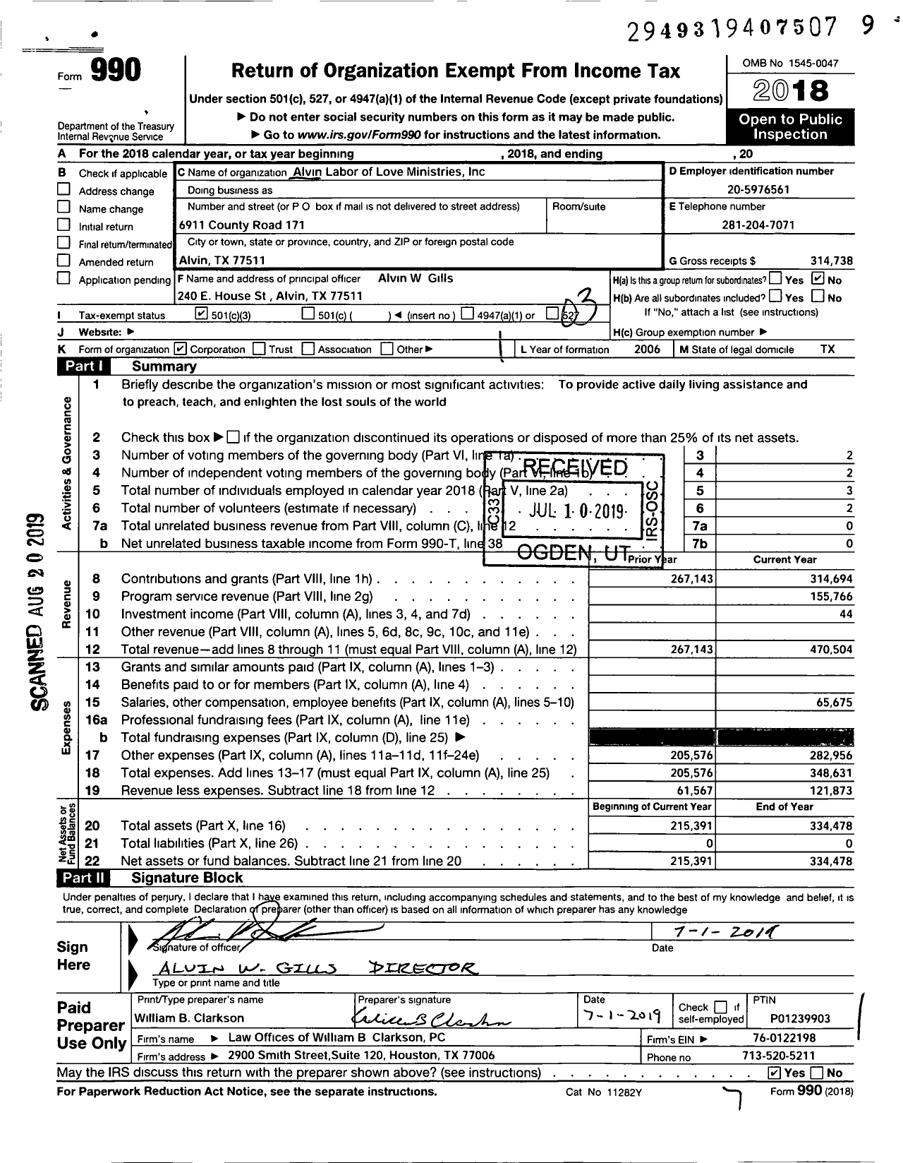 Image of first page of 2018 Form 990 for Alvin Labor of Love Ministries Doing Business As