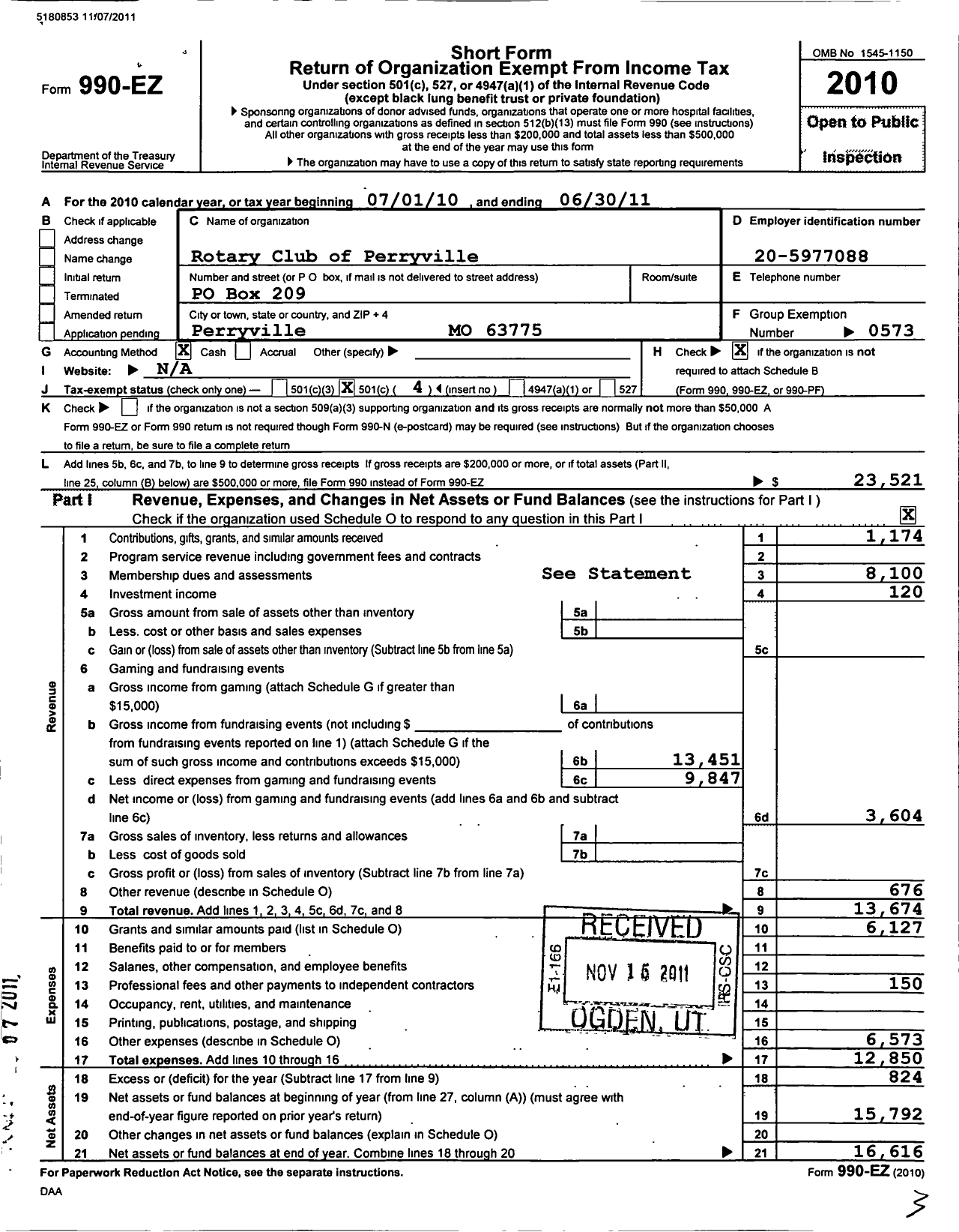 Image of first page of 2010 Form 990EO for Rotary International - Perryville