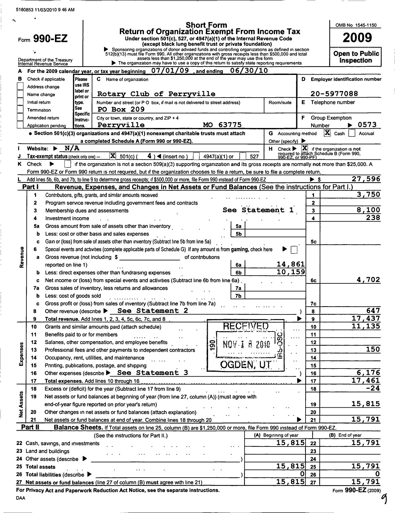 Image of first page of 2009 Form 990EO for Rotary International - Perryville