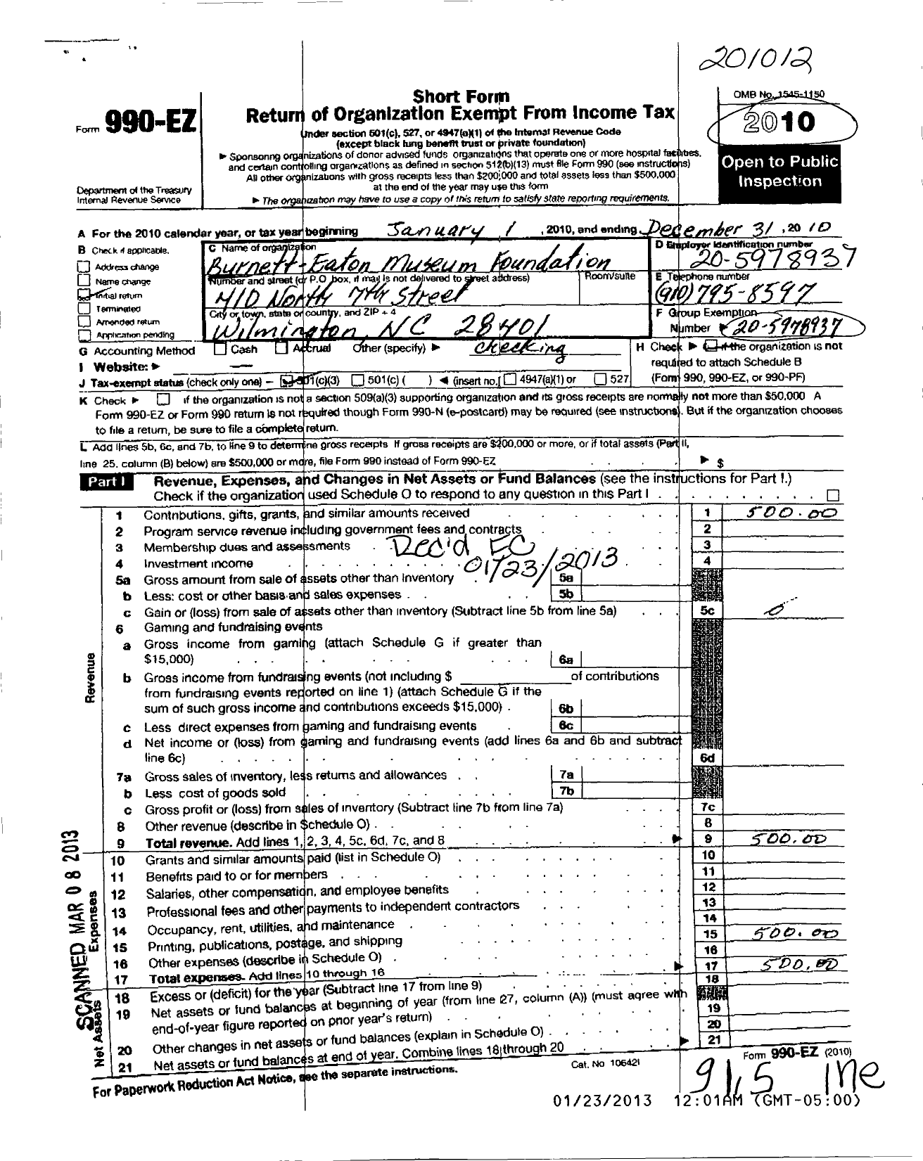 Image of first page of 2010 Form 990EZ for Burnett-Eaton Museum Foundation